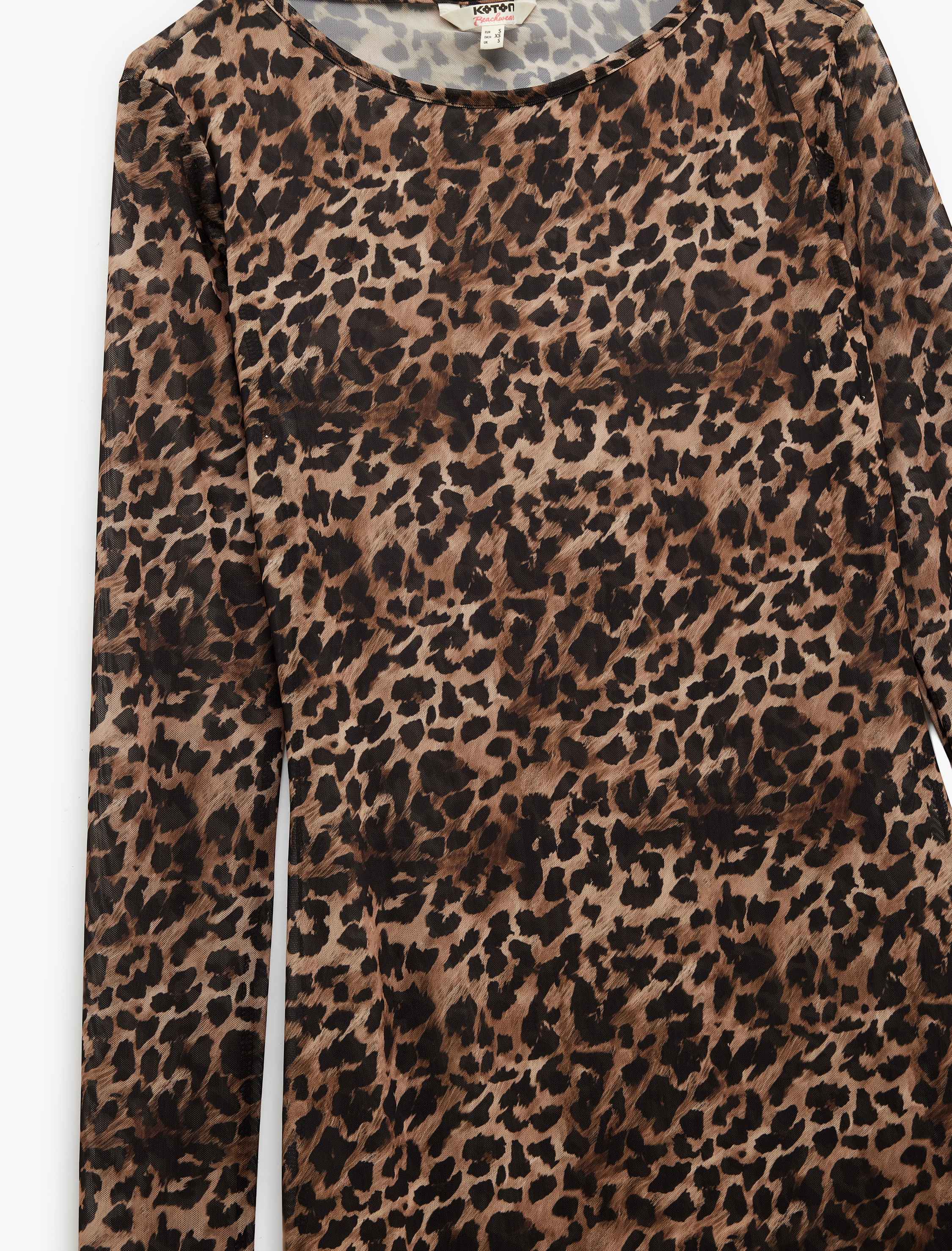   Uzun Kollu Bisiklet Yaka Leopar Desenli Mini Tül Plaj Elbisesi