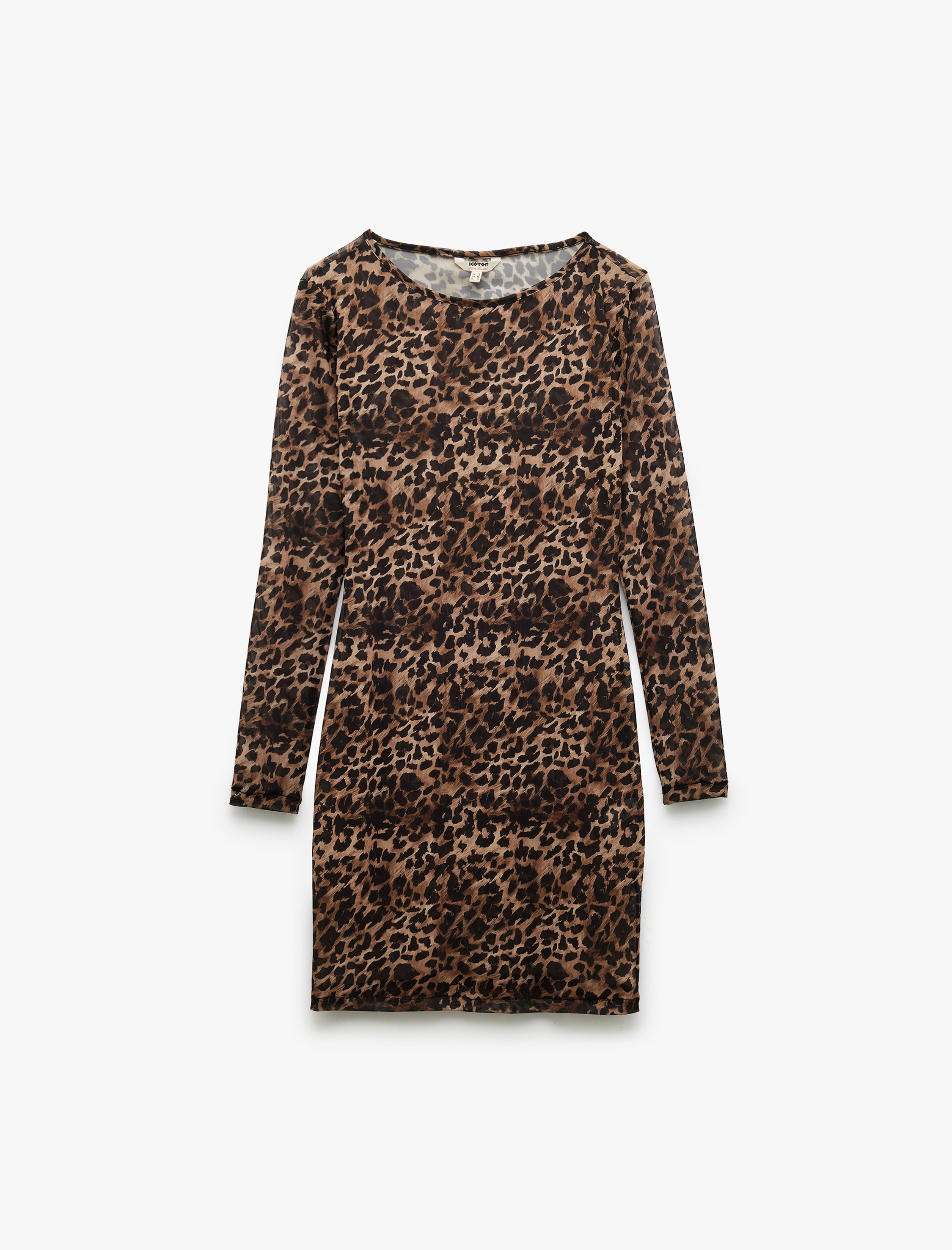   Uzun Kollu Bisiklet Yaka Leopar Desenli Mini Tül Plaj Elbisesi