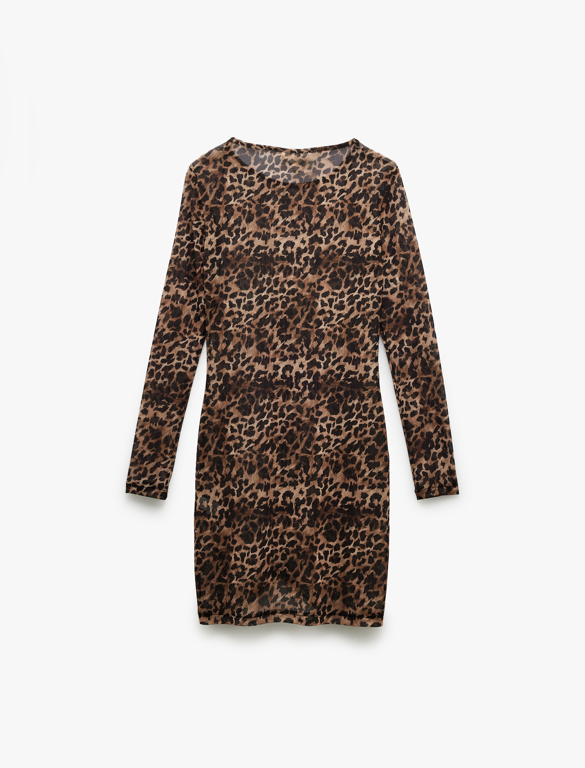   Uzun Kollu Bisiklet Yaka Leopar Desenli Mini Tül Plaj Elbisesi