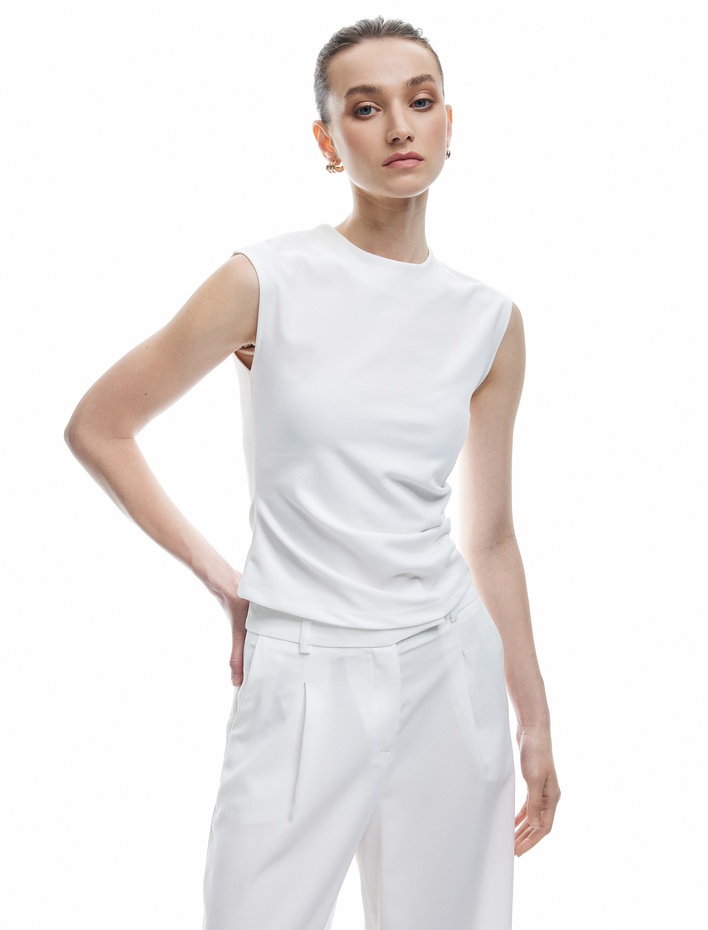  Krep Scuba Kumaş Drape Detaylı Kolsuz Bisiklet Yaka Atlet