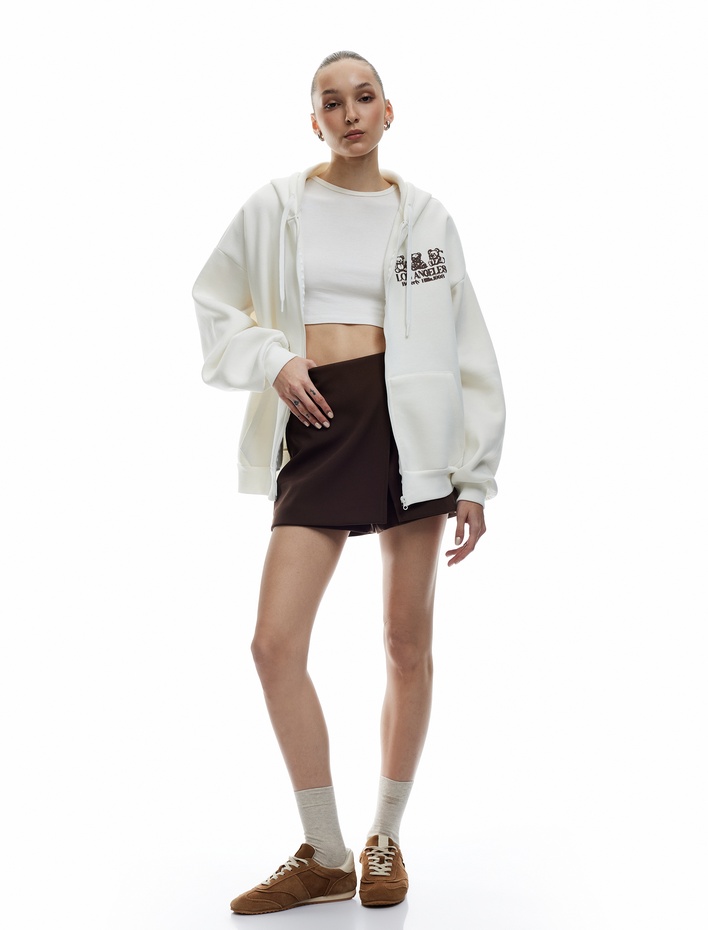  Kapüşonlu Fermuarlı Arkası Baskılı Cepli Şardonlu Oversize Sweatshirt