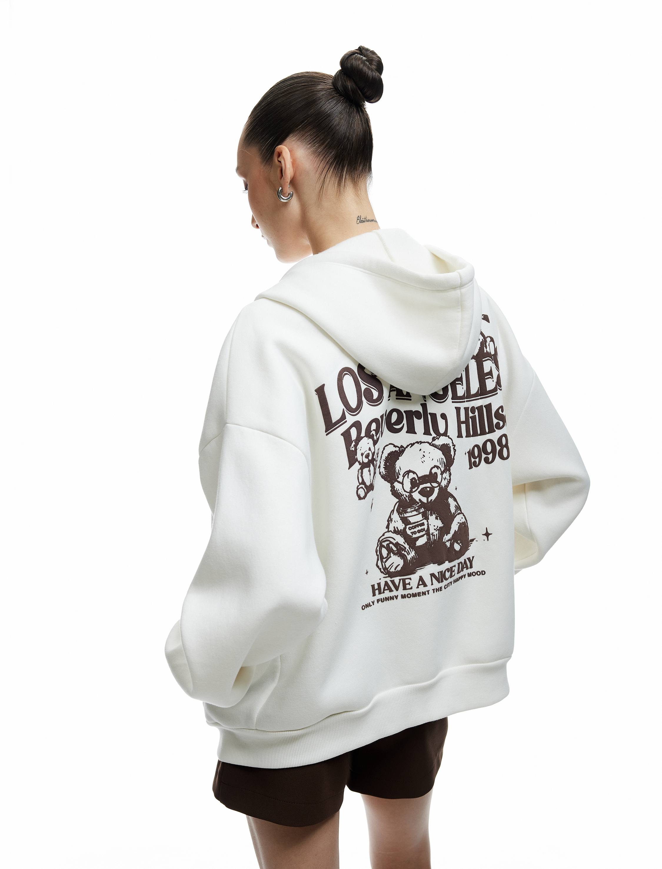   Kapüşonlu Fermuarlı Arkası Baskılı Cepli Şardonlu Oversize Sweatshirt