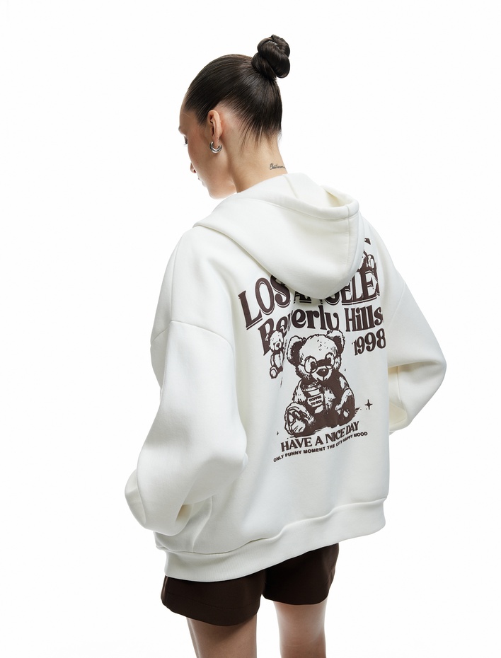  Kapüşonlu Fermuarlı Arkası Baskılı Cepli Şardonlu Oversize Sweatshirt