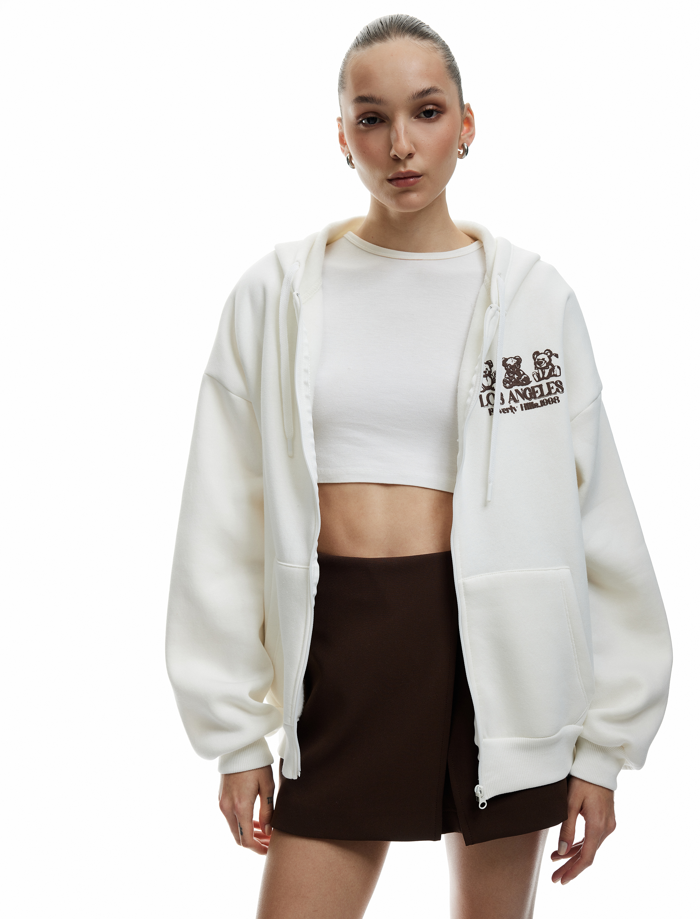   Kapüşonlu Fermuarlı Arkası Baskılı Cepli Şardonlu Oversize Sweatshirt