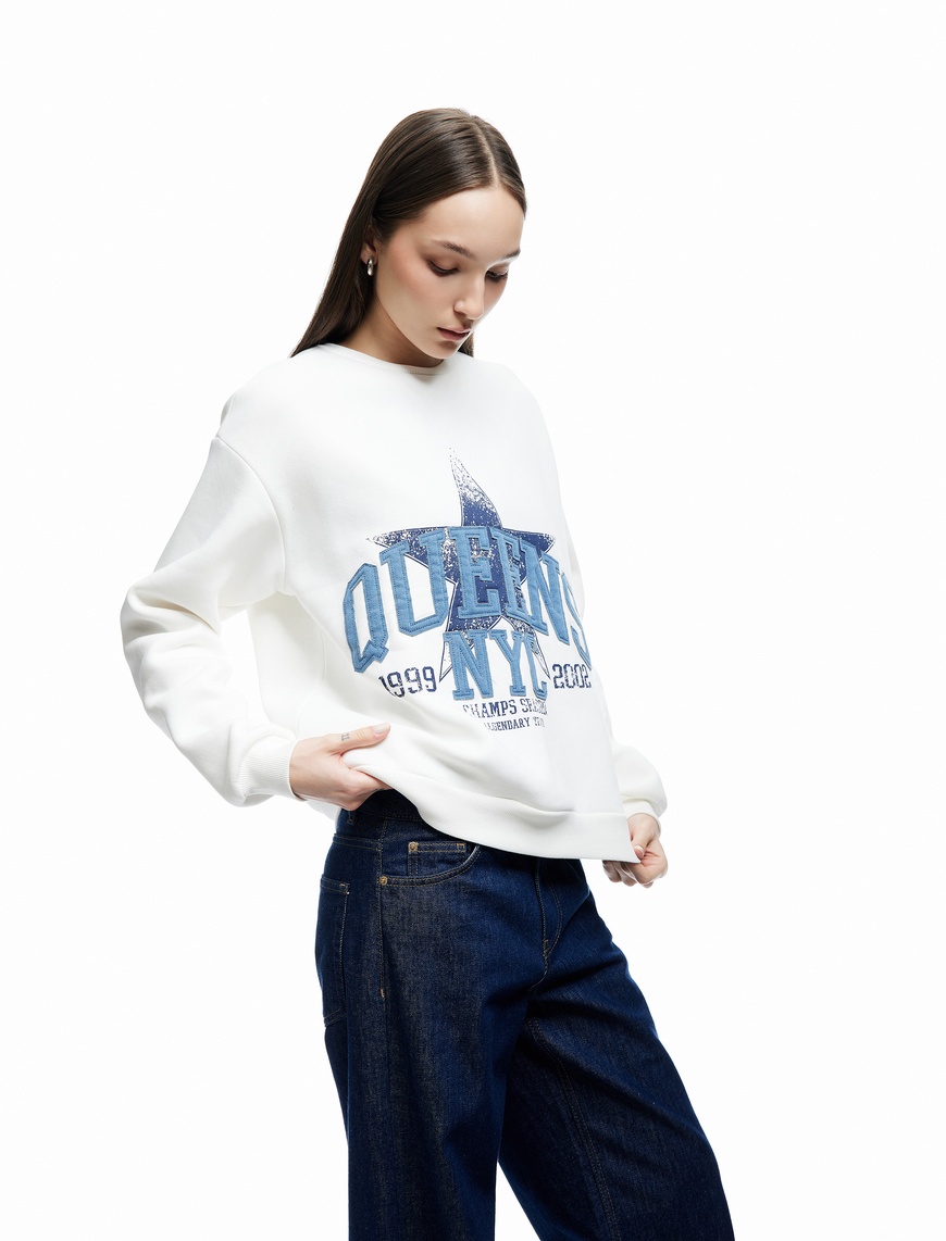   Uzun Kollu Bisiklet Yaka Üç İplik Şardonlu Baskılı Oversize Sweatshirt