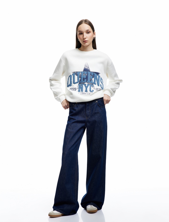  Uzun Kollu Bisiklet Yaka Üç İplik Şardonlu Baskılı Oversize Sweatshirt