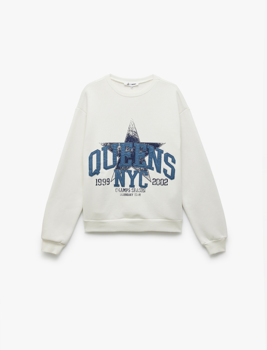   Uzun Kollu Bisiklet Yaka Üç İplik Şardonlu Baskılı Oversize Sweatshirt
