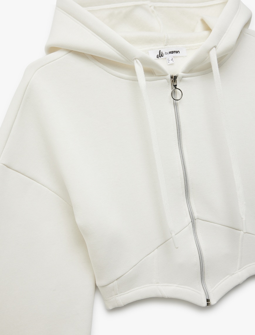   Korse Detaylı Fermuarlı Kapüşonlu Şardonlu Crop Sweatshirt