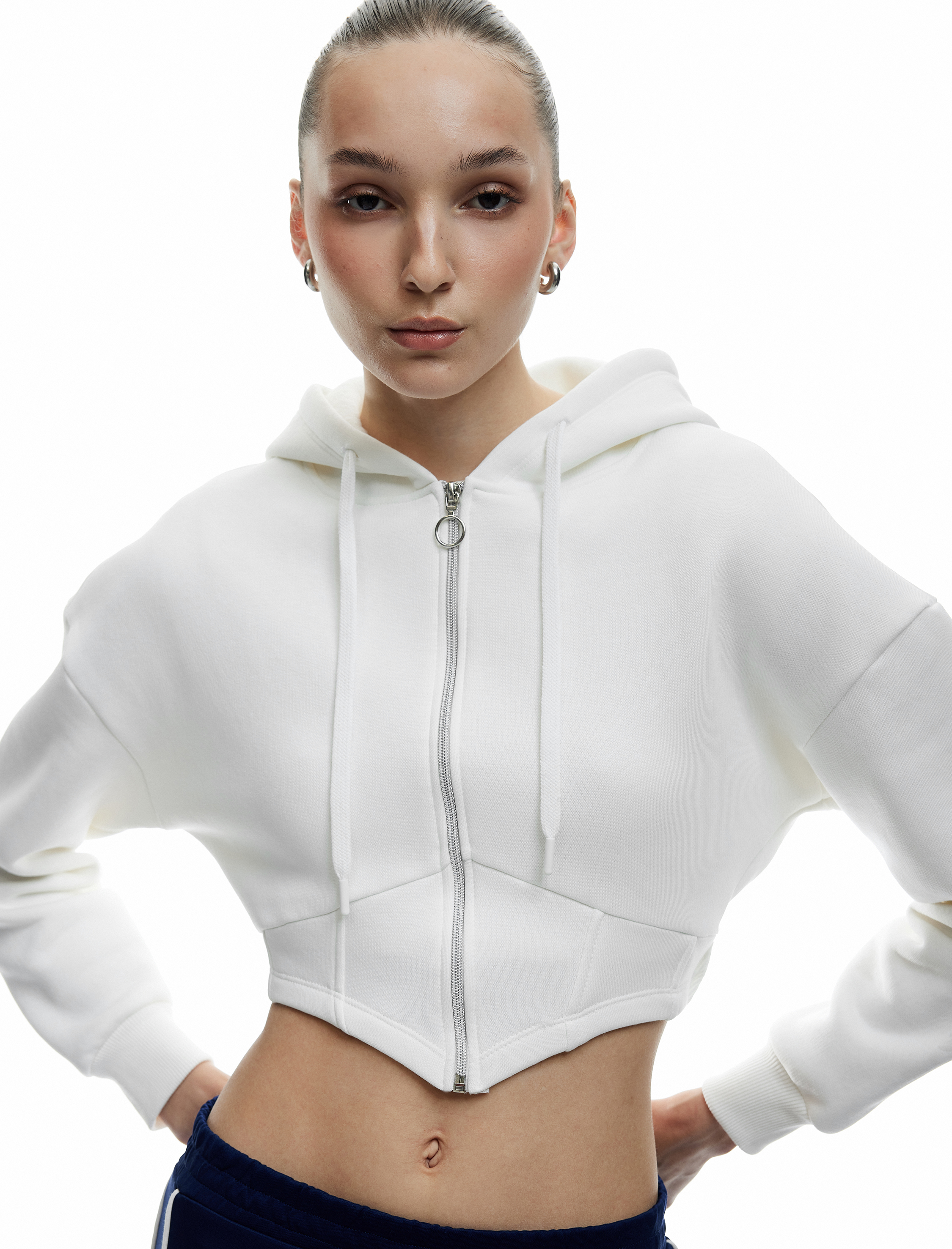   Korse Detaylı Fermuarlı Kapüşonlu Şardonlu Crop Sweatshirt