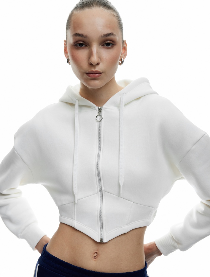  Korse Detaylı Fermuarlı Kapüşonlu Şardonlu Crop Sweatshirt