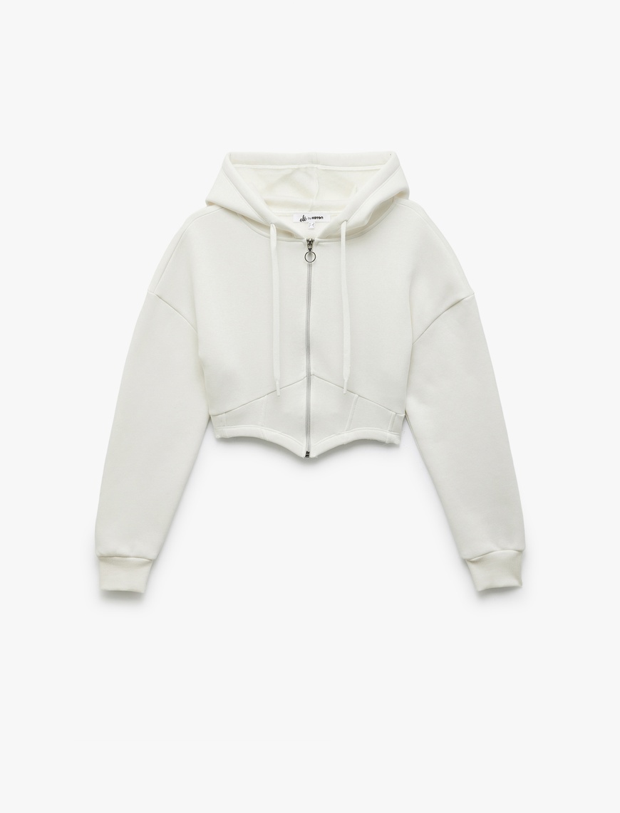   Korse Detaylı Fermuarlı Kapüşonlu Şardonlu Crop Sweatshirt