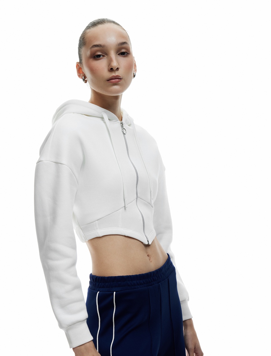   Korse Detaylı Fermuarlı Kapüşonlu Şardonlu Crop Sweatshirt