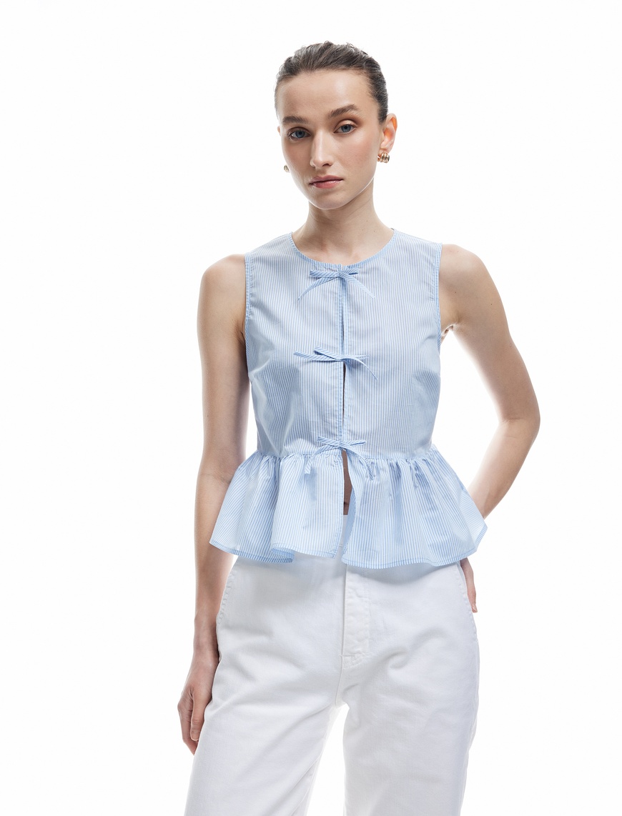   Pamuklu Kolsuz Önden Bağlama Detaylı Peplum Bluz