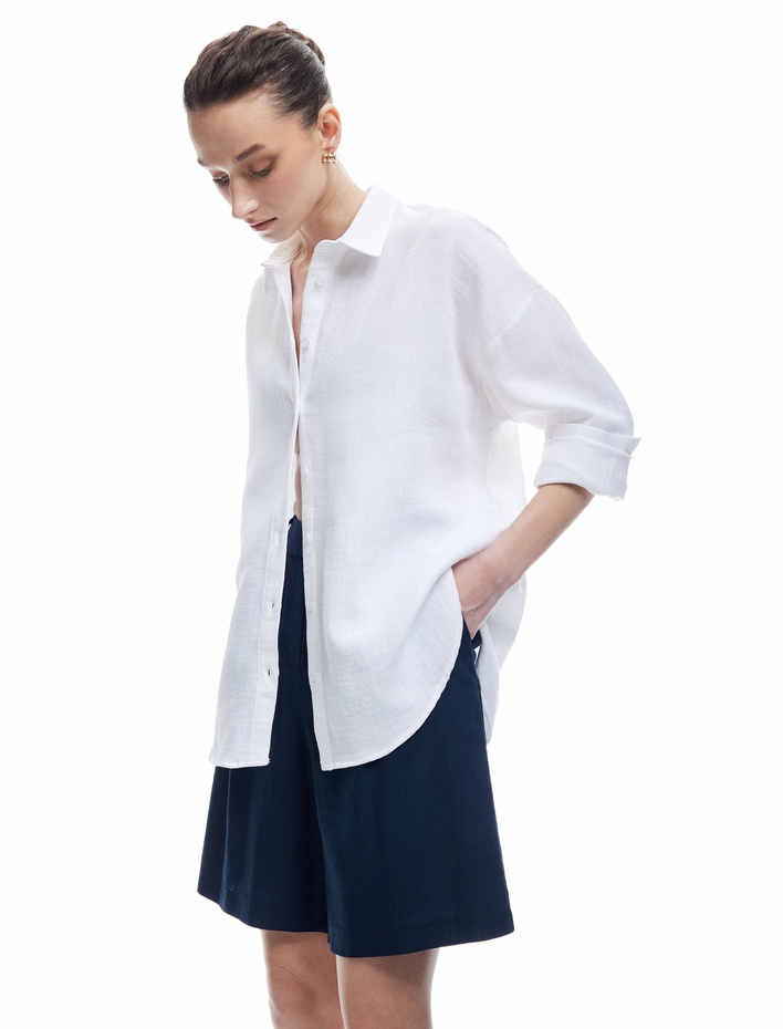  Pamuk Keten Karışımlı Uzun Kollu Klasik Yaka Oversize Gömlek