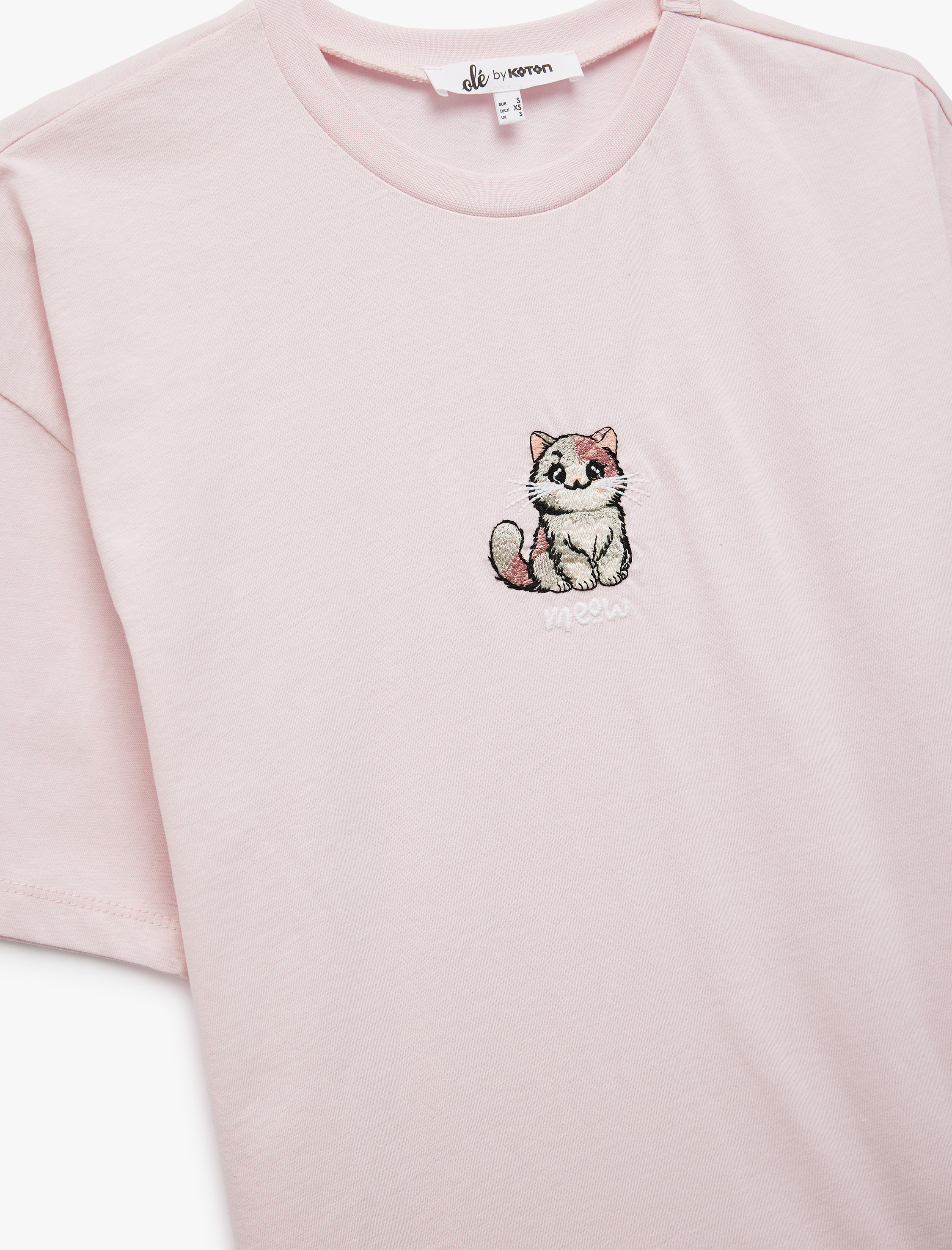   Kısa Kollu Bisiklet Yaka Kedi İşlemeli Pamuklu Tişört