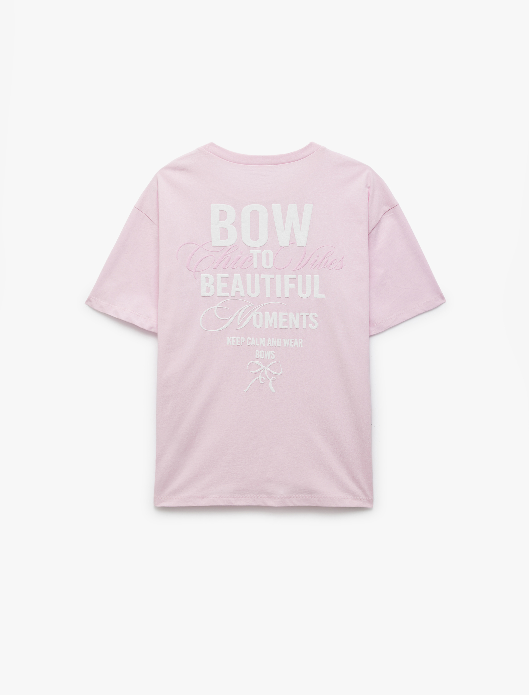   Kısa Kollu Bisiklet Yaka Fiyonklu Arkası Baskılı Oversize Tişört