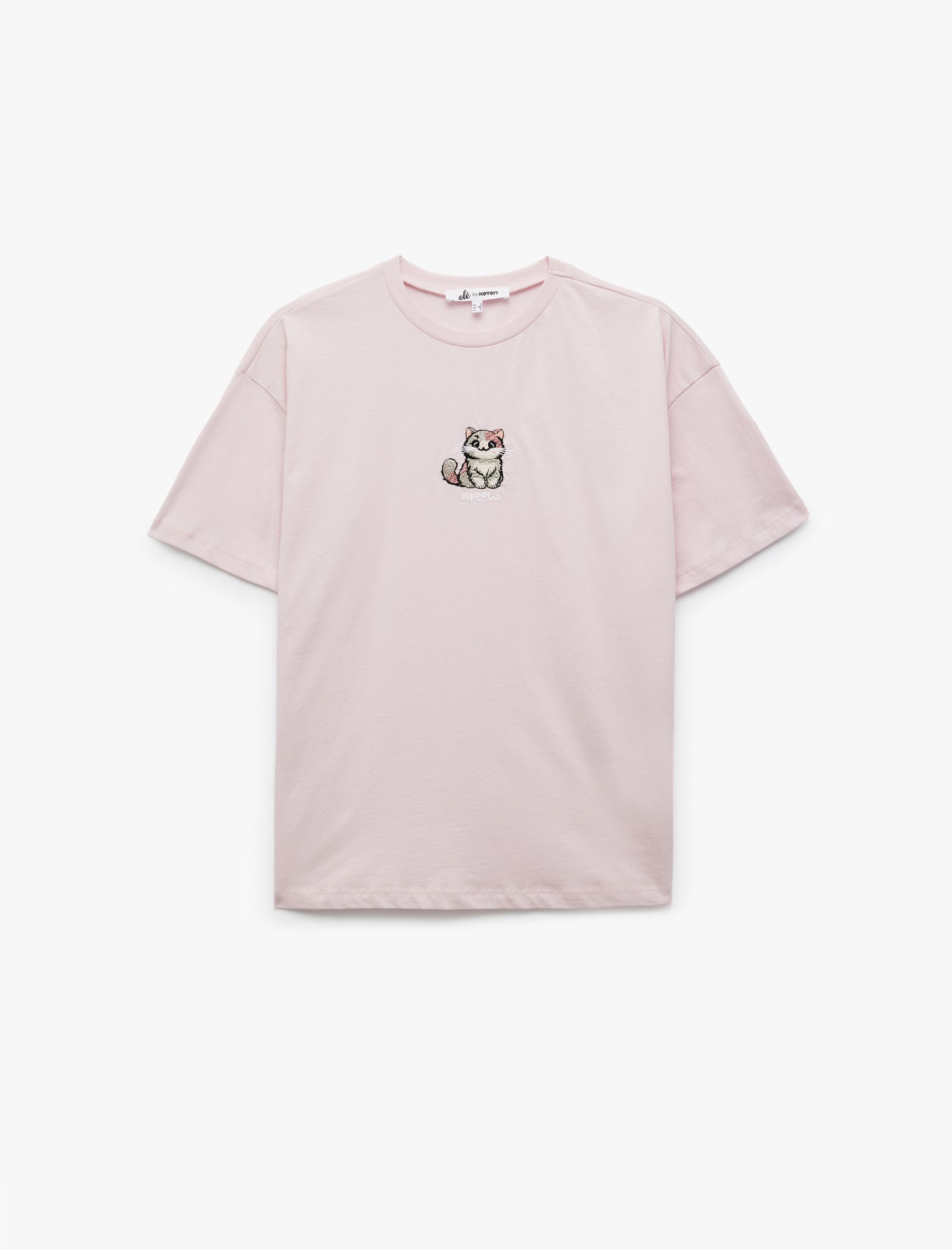   Kısa Kollu Bisiklet Yaka Kedi İşlemeli Pamuklu Tişört
