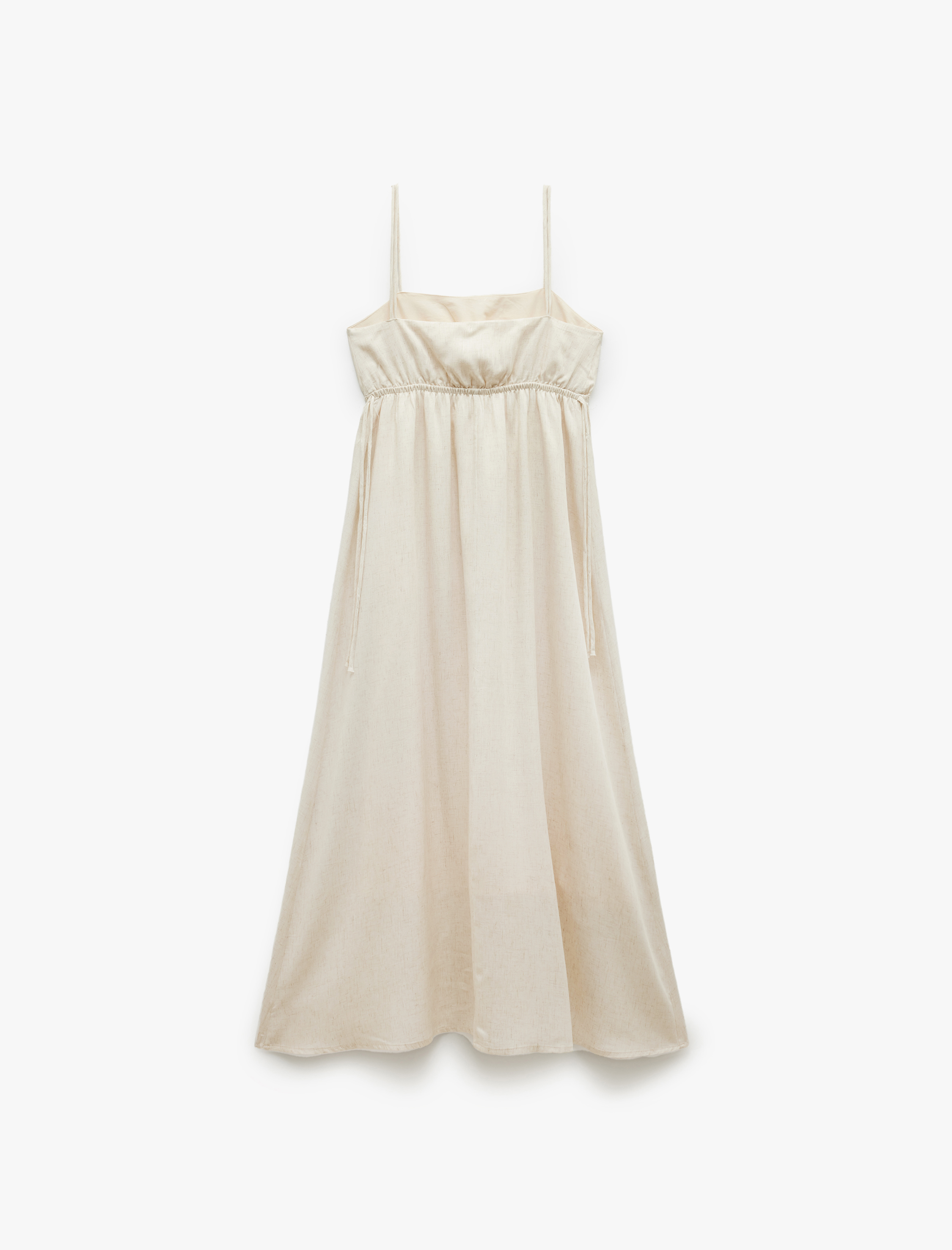   Astarlı Nakış Detaylı Viskon Keten Karışımlı İnce Askılı Elbise