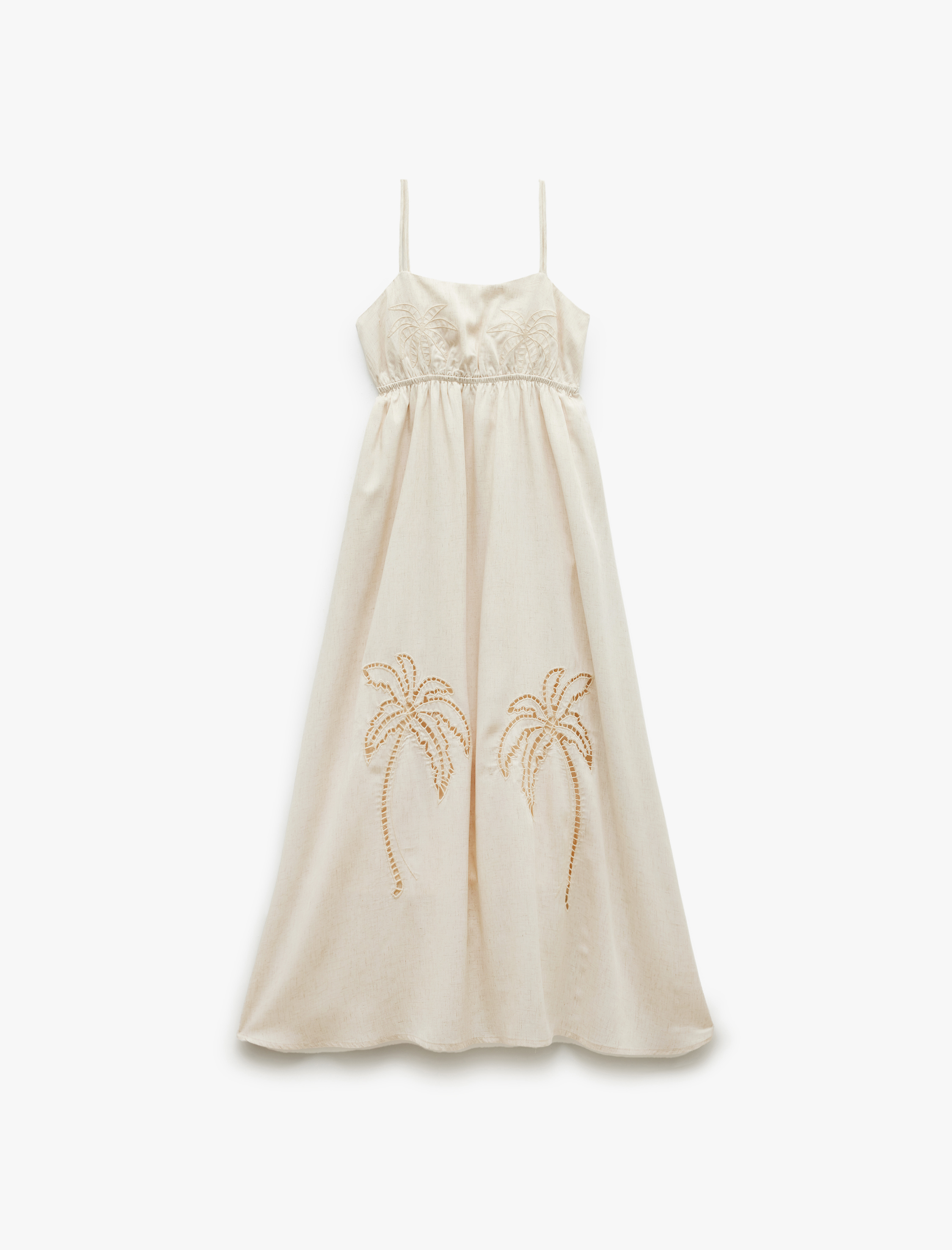   Astarlı Nakış Detaylı Viskon Keten Karışımlı İnce Askılı Elbise