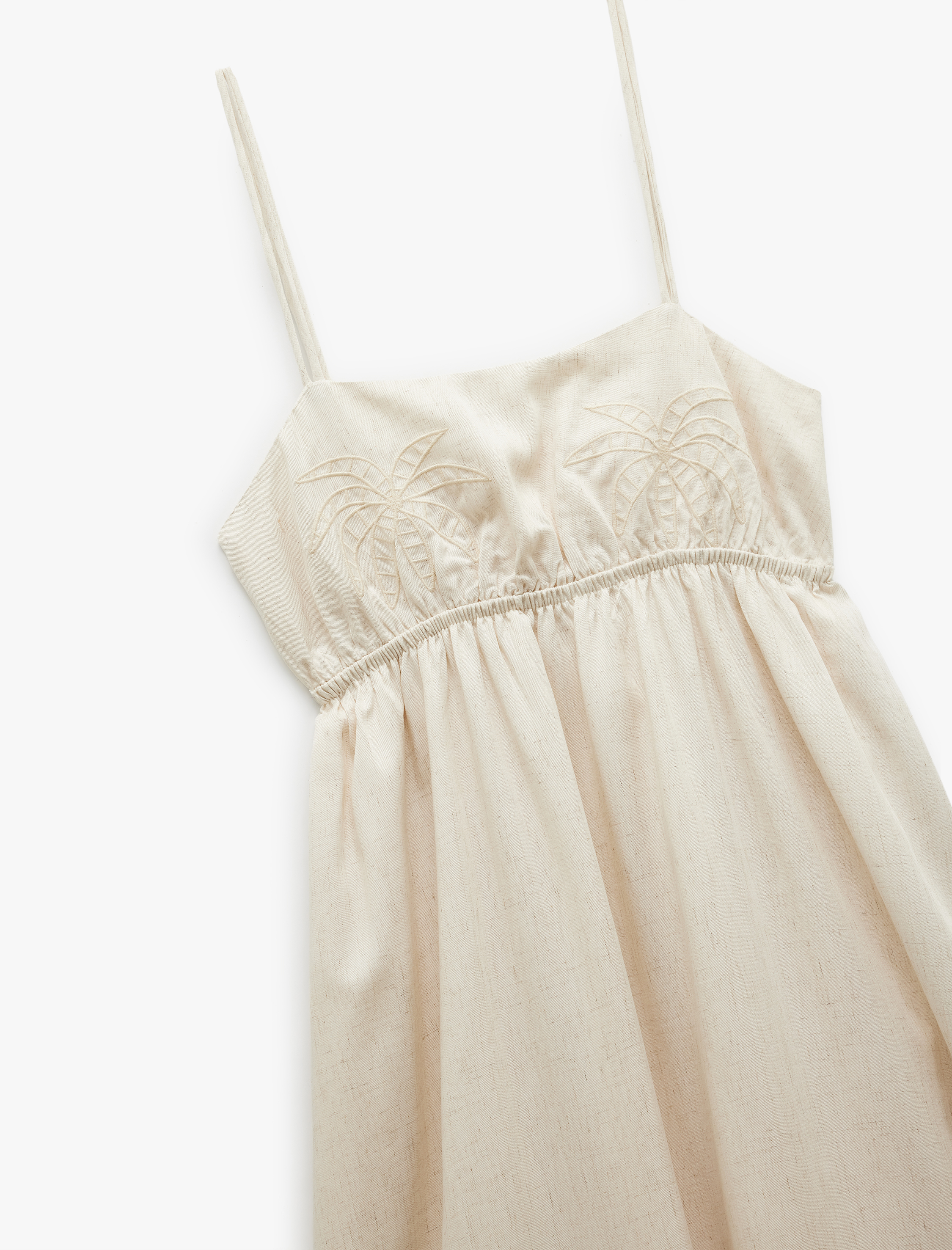   Astarlı Nakış Detaylı Viskon Keten Karışımlı İnce Askılı Elbise