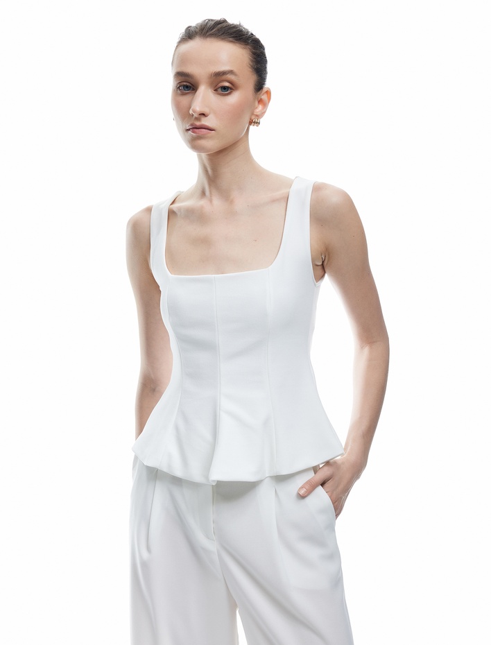  Krep Scuba Kumaş Kare Yaka Kolsuz Peplum Bluz