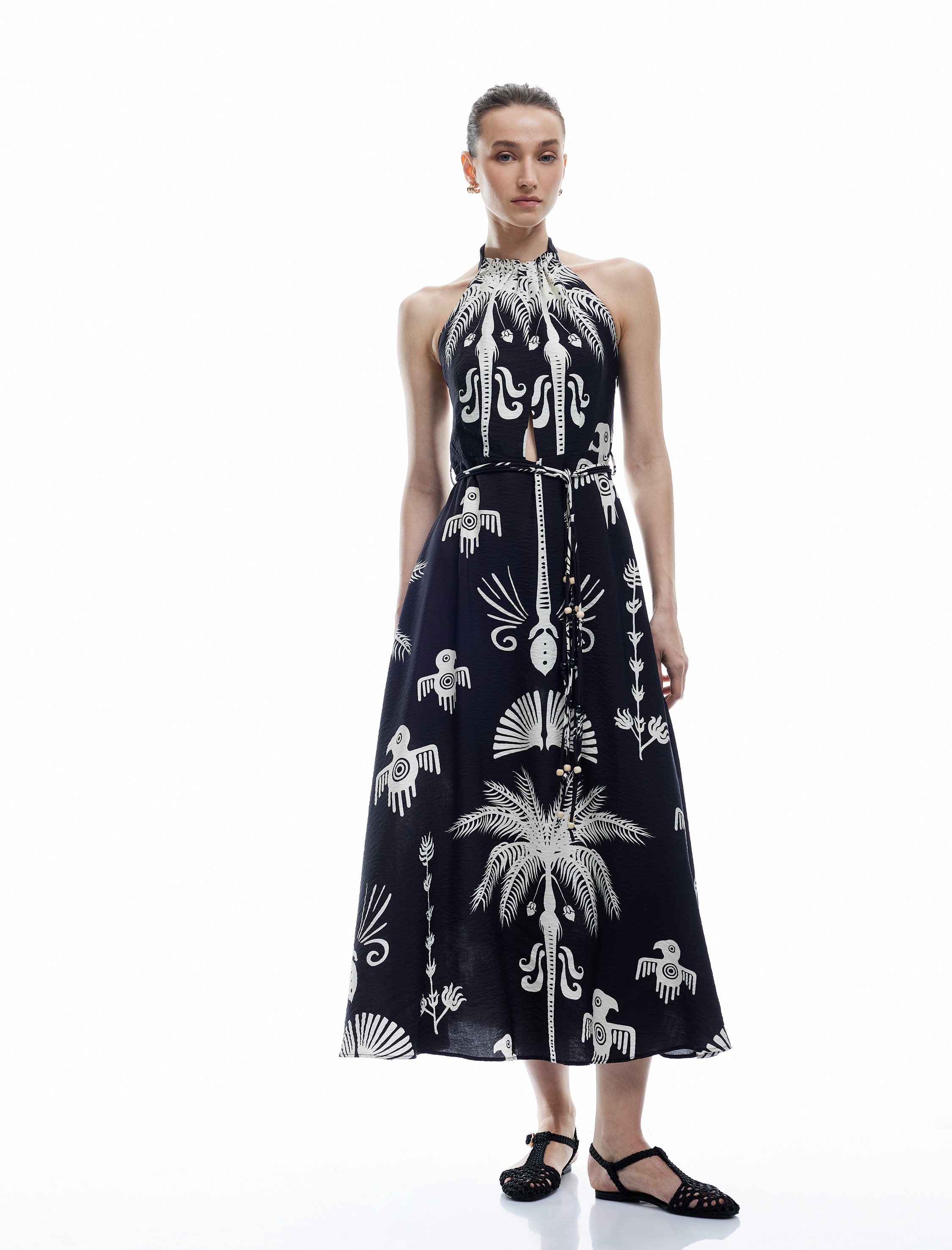   Viskon Kumaş Etnik Desenli Boyundan Bağlamalı Halter Yaka Uzun Elbise