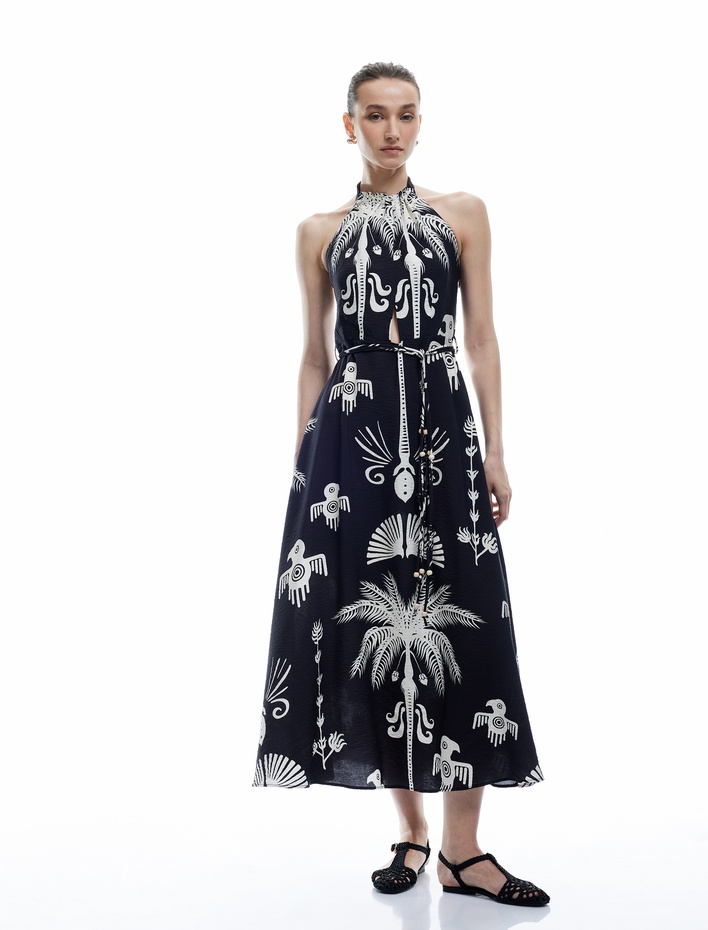  Viskon Kumaş Etnik Desenli Boyundan Bağlamalı Halter Yaka Uzun Elbise