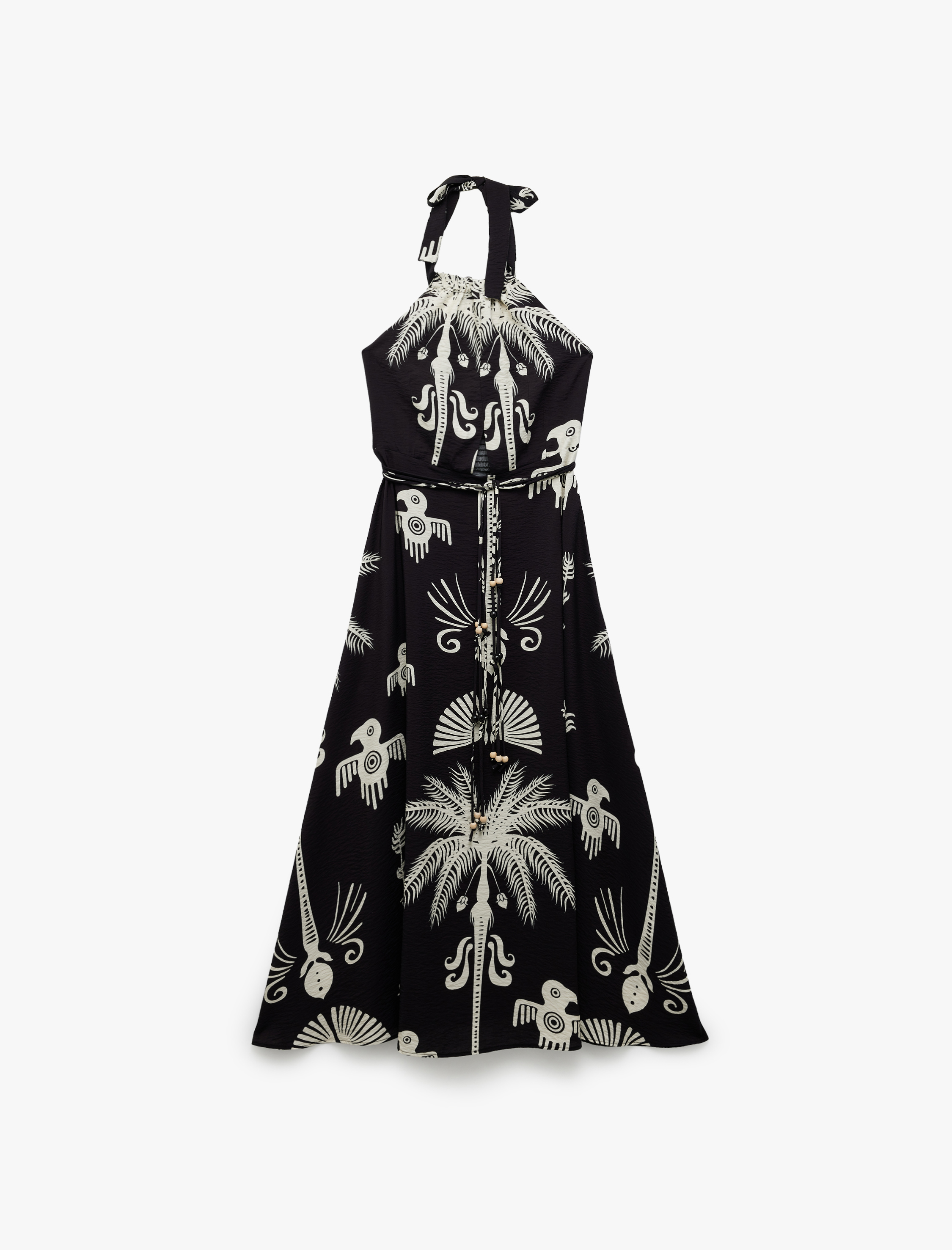   Viskon Kumaş Etnik Desenli Boyundan Bağlamalı Halter Yaka Uzun Elbise