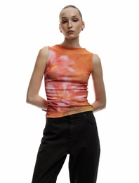 Çiçekli Bisiklet Yaka Drapeli Dar Kesim Kolsuz Bluz