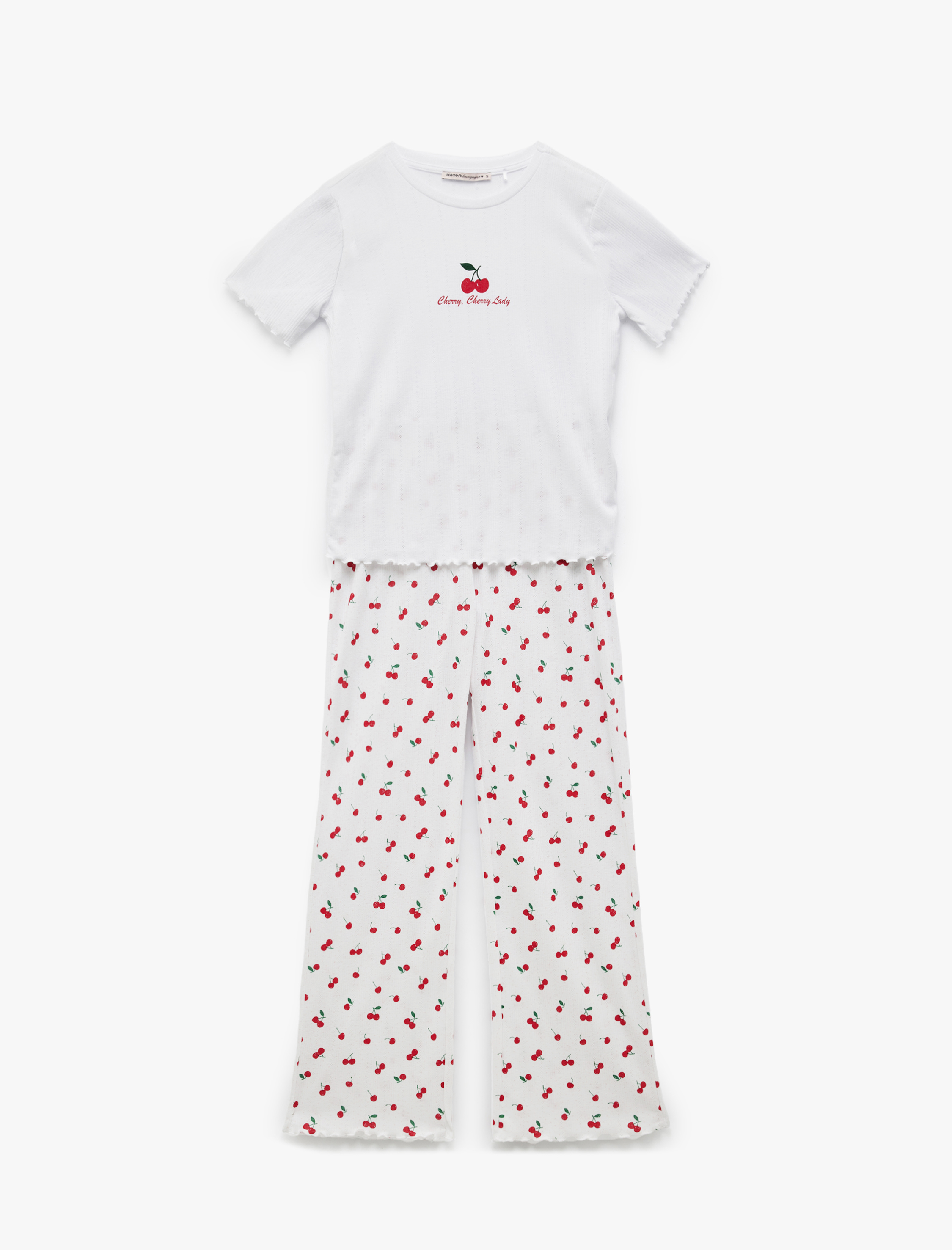   Kısa Kollu Bisiklet Yaka Kiraz Desenli Pijama Takımı