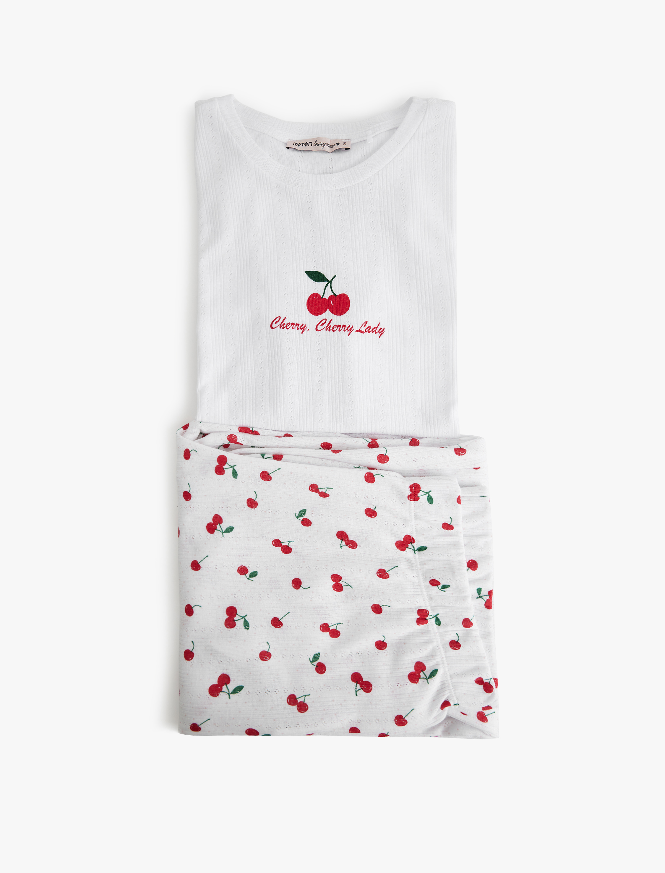   Kısa Kollu Bisiklet Yaka Kiraz Desenli Pijama Takımı