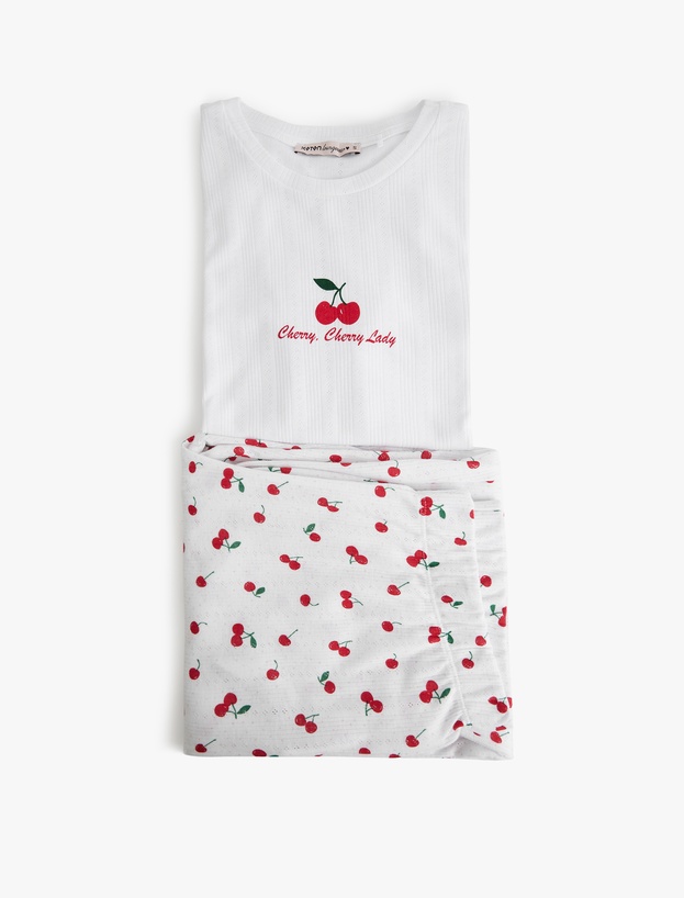 Kısa Kollu Bisiklet Yaka Kiraz Desenli Pijama Takımı_2