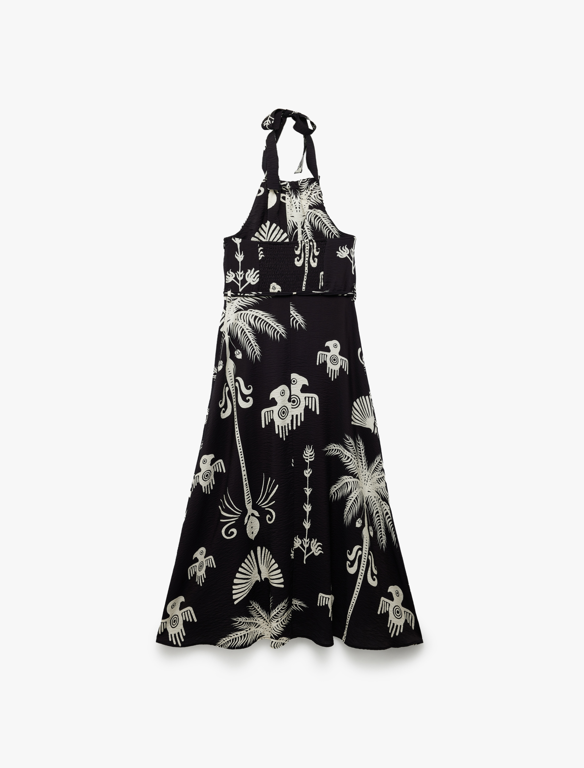   Viskon Kumaş Etnik Desenli Boyundan Bağlamalı Halter Yaka Uzun Elbise