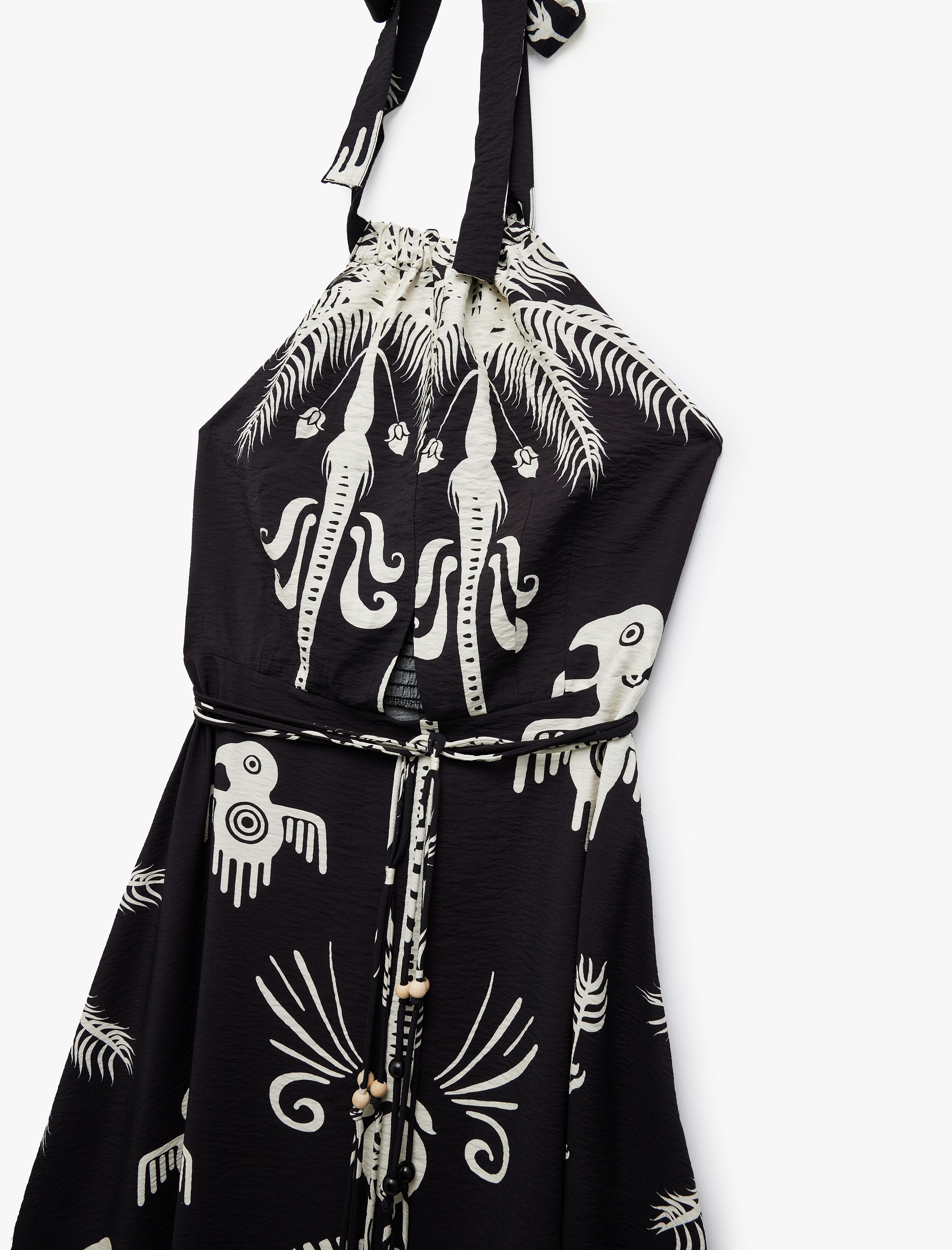   Viskon Kumaş Etnik Desenli Boyundan Bağlamalı Halter Yaka Uzun Elbise