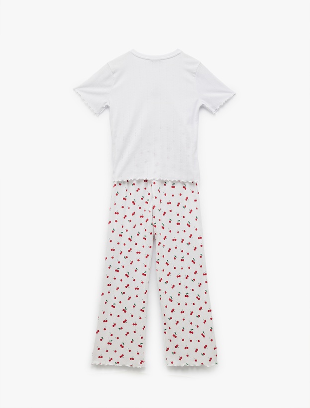 Kısa Kollu Bisiklet Yaka Kiraz Desenli Pijama Takımı_4