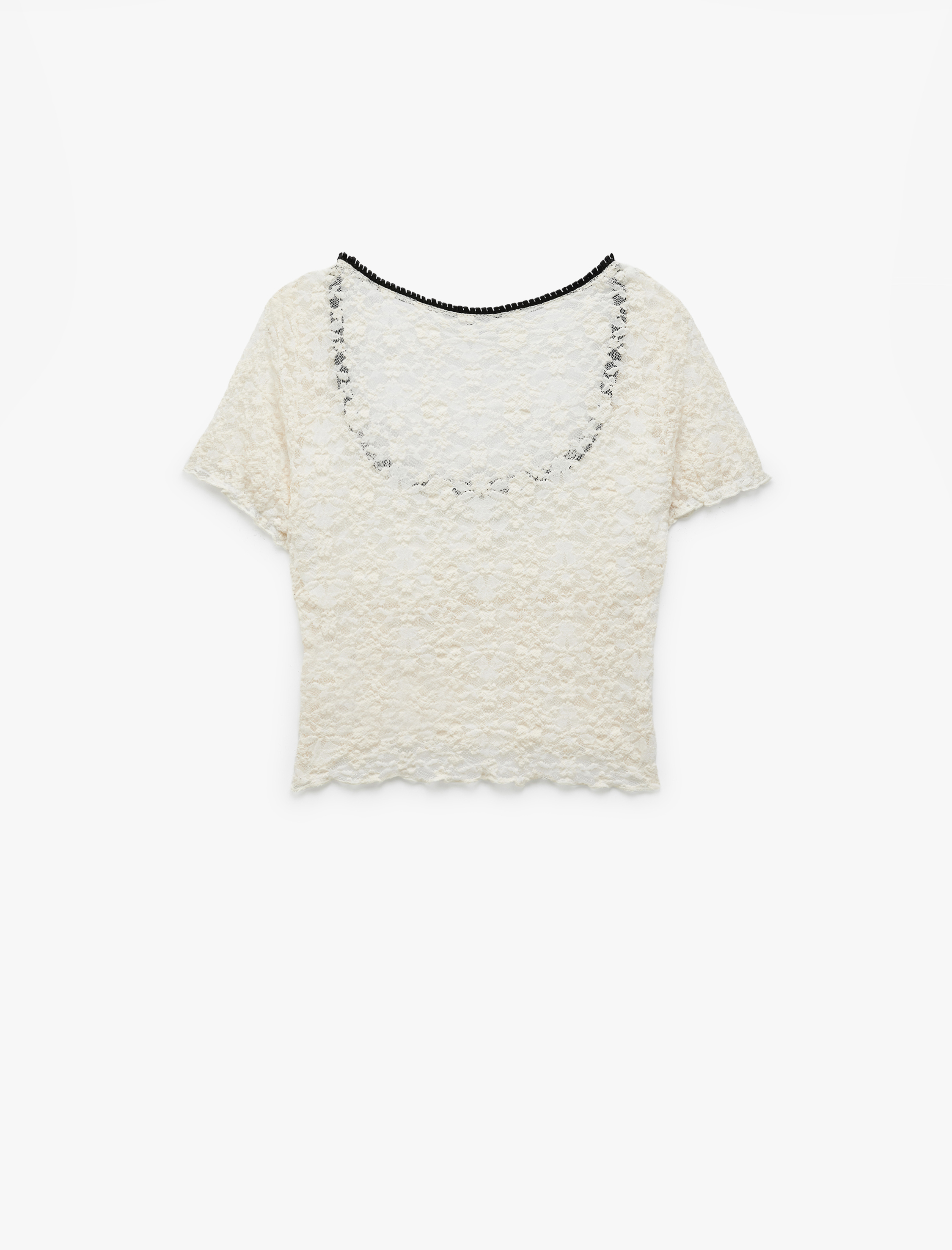   Transparan Fiyonk Detaylı Kısa Kollu U Yaka Dantel Tişört