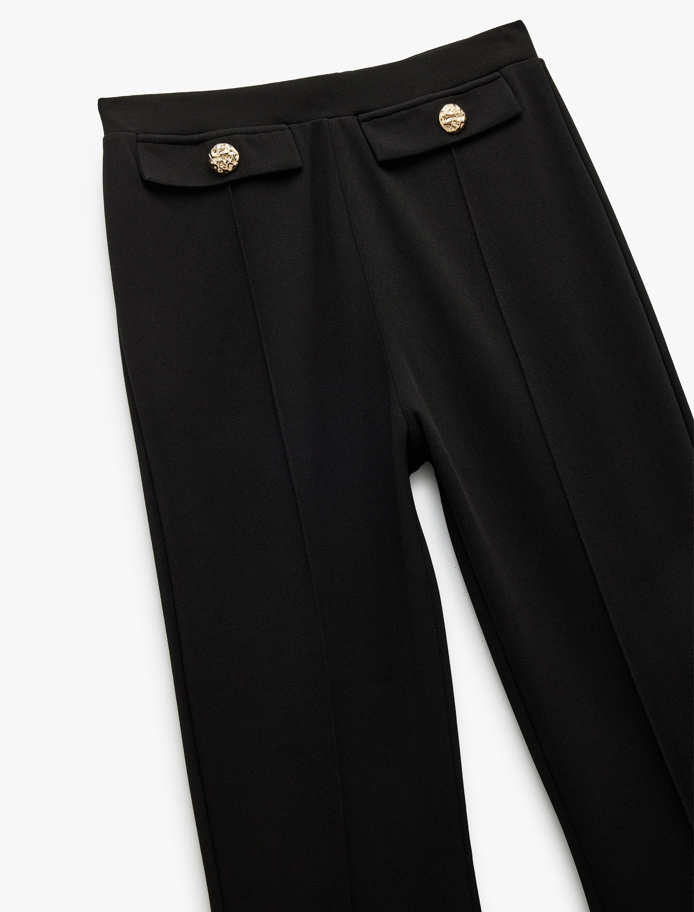   Krep Scuba Kumaş Düğmeli Yüksek Bel İspanyol Paça Kumaş Pantolon