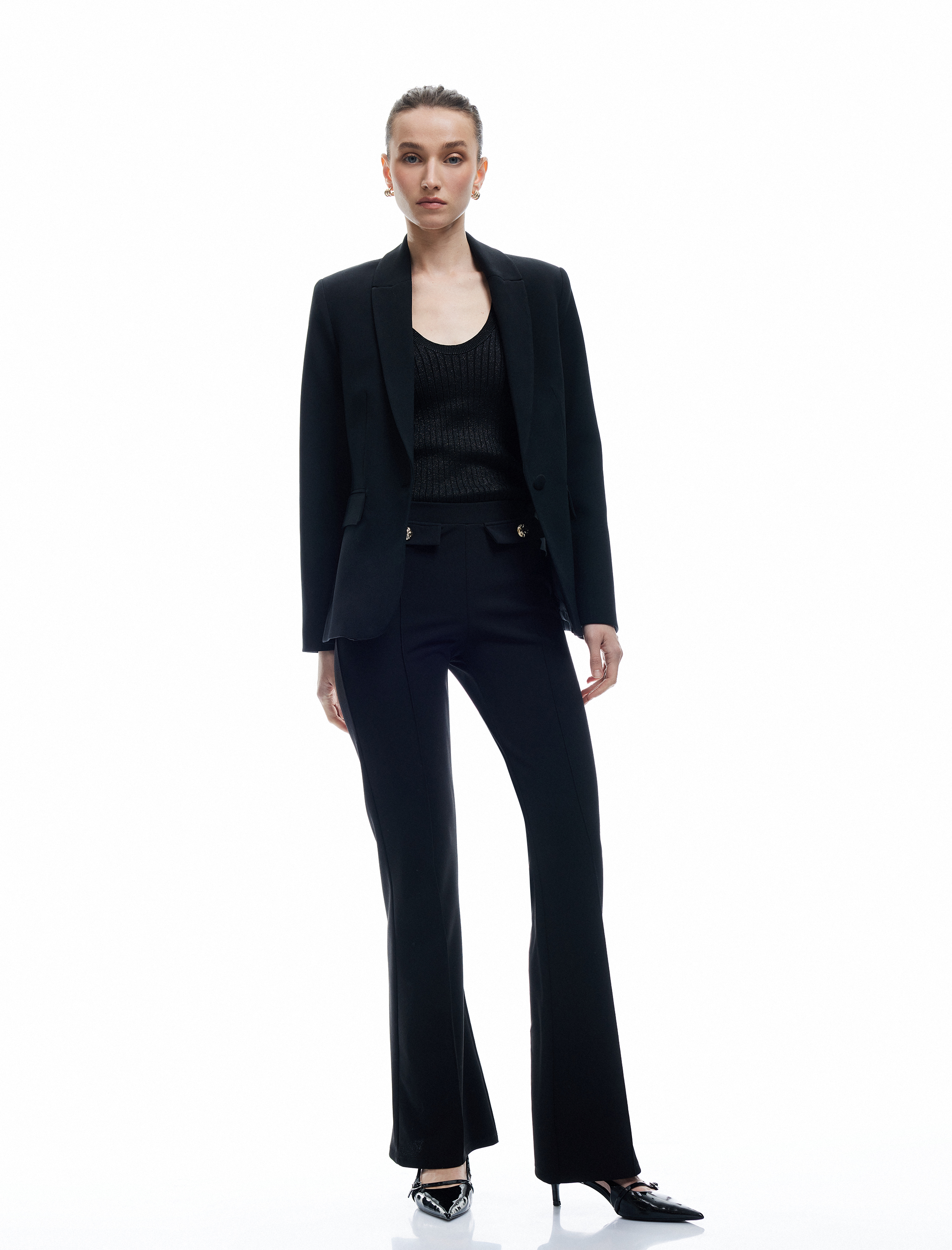   Krep Scuba Kumaş Düğmeli Yüksek Bel İspanyol Paça Kumaş Pantolon