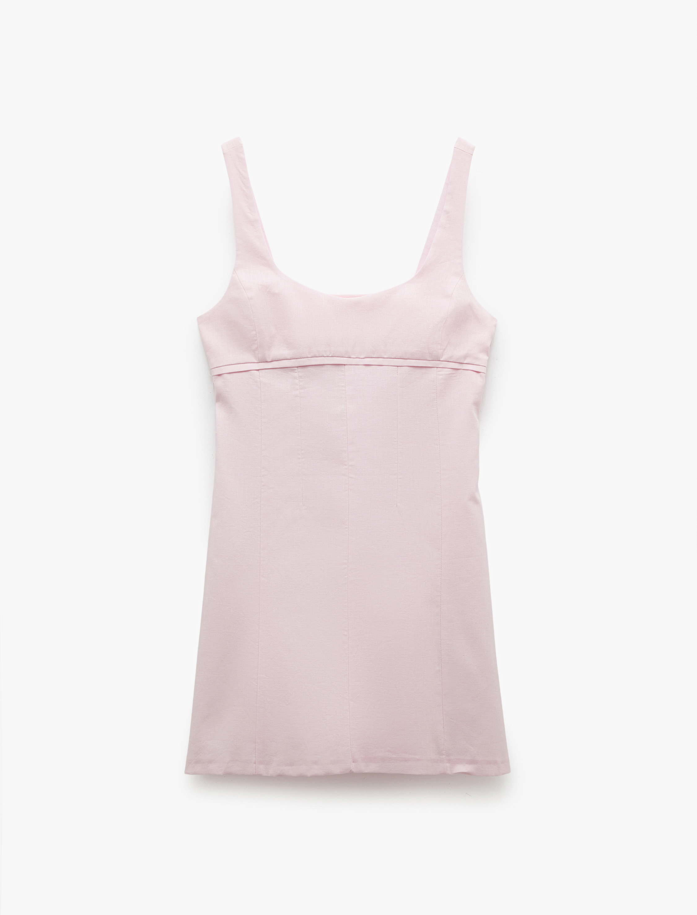   U Yaka A Kesim Pamuk Keten Karışımlı Askılı Mini Elbise