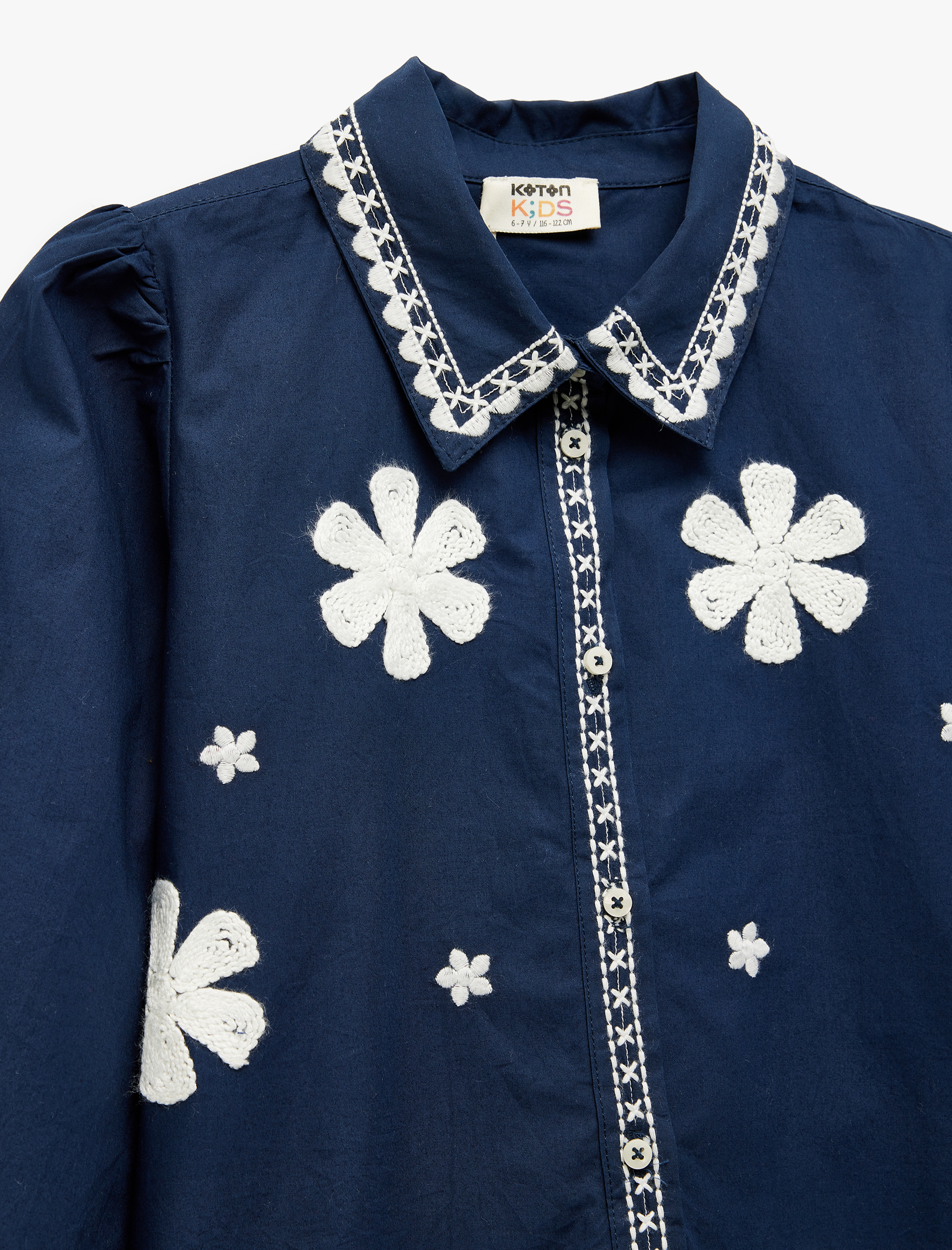  Kız Çocuk Uzun Balon Kollu İşlemeli Lastik Kollu Pamuklu Gömlek