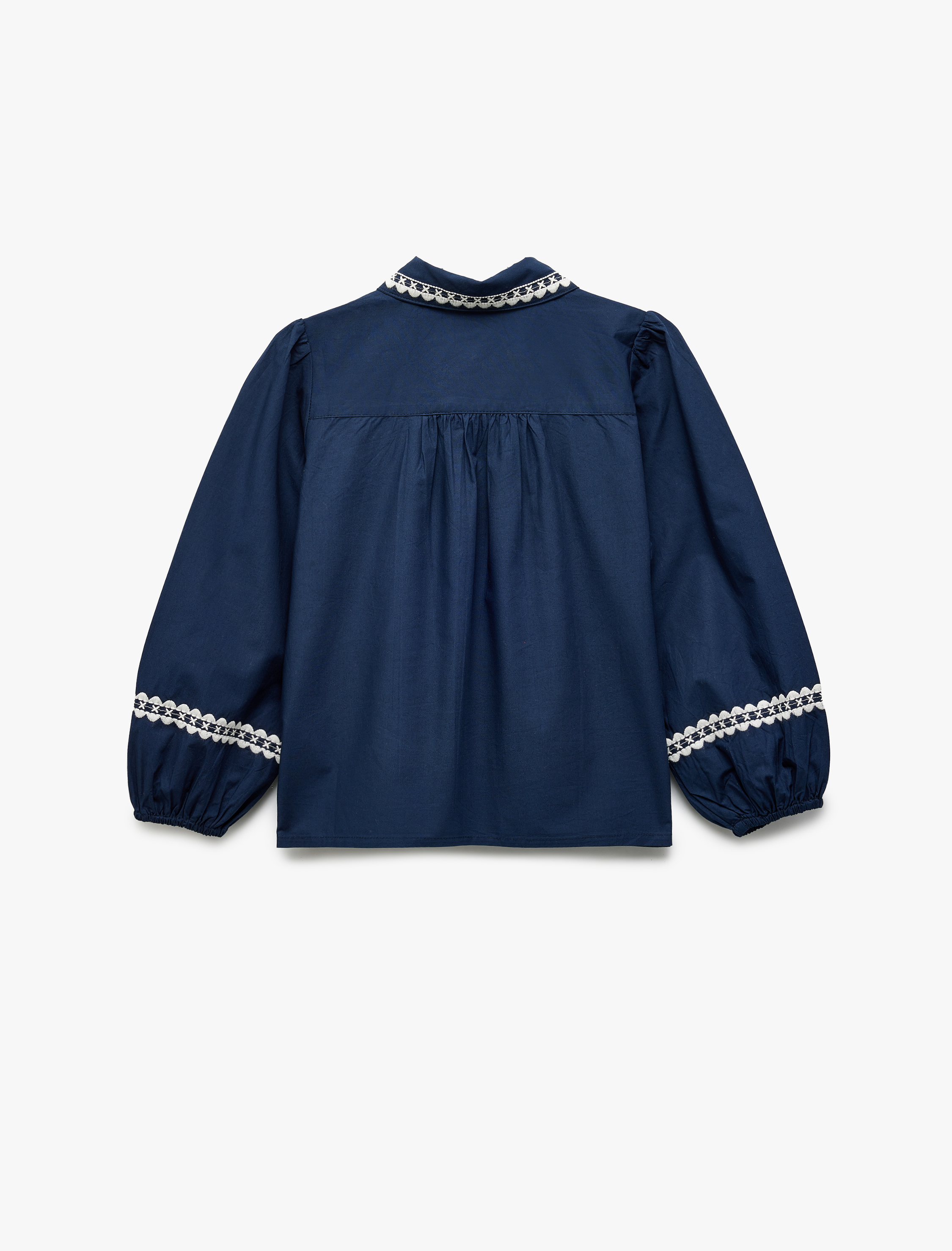  Kız Çocuk Uzun Balon Kollu İşlemeli Lastik Kollu Pamuklu Gömlek