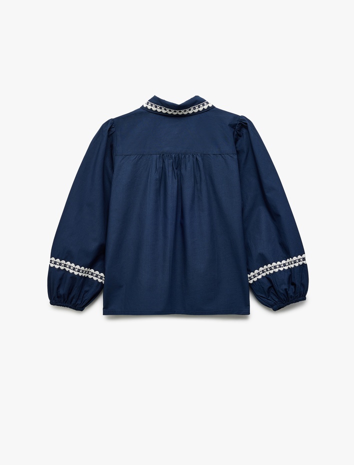 Kız Çocuk Uzun Balon Kollu İşlemeli Lastik Kollu Pamuklu Gömlek