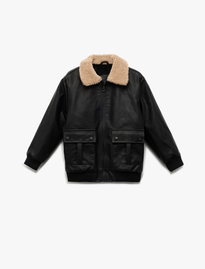Erkek Çocuk Fermuarlı Peluş Yaka Cepli Bomber Deri Ceket