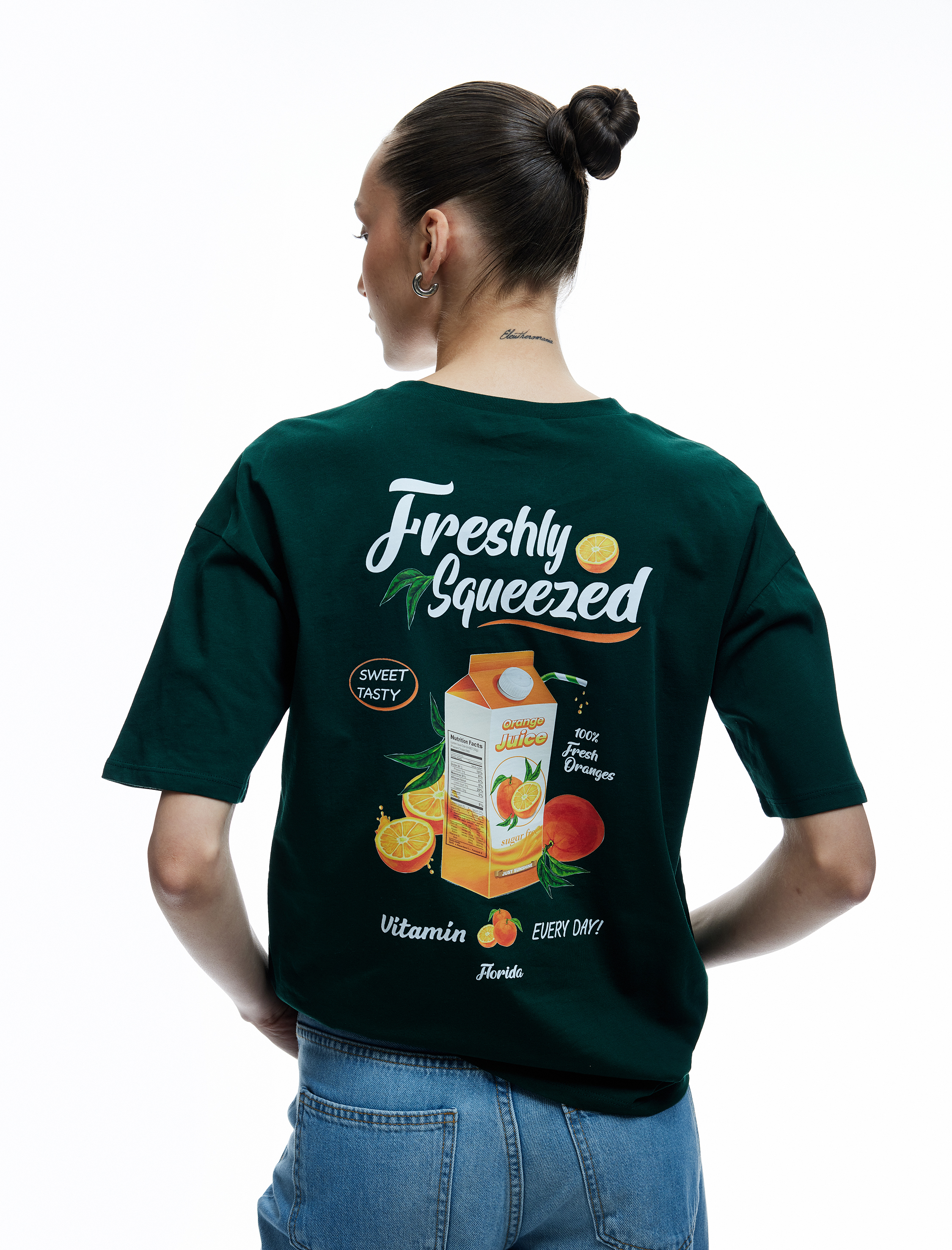   Kısa Kollu Bisiklet Yaka Portakal Baskılı Pamuklu Oversize Tişört