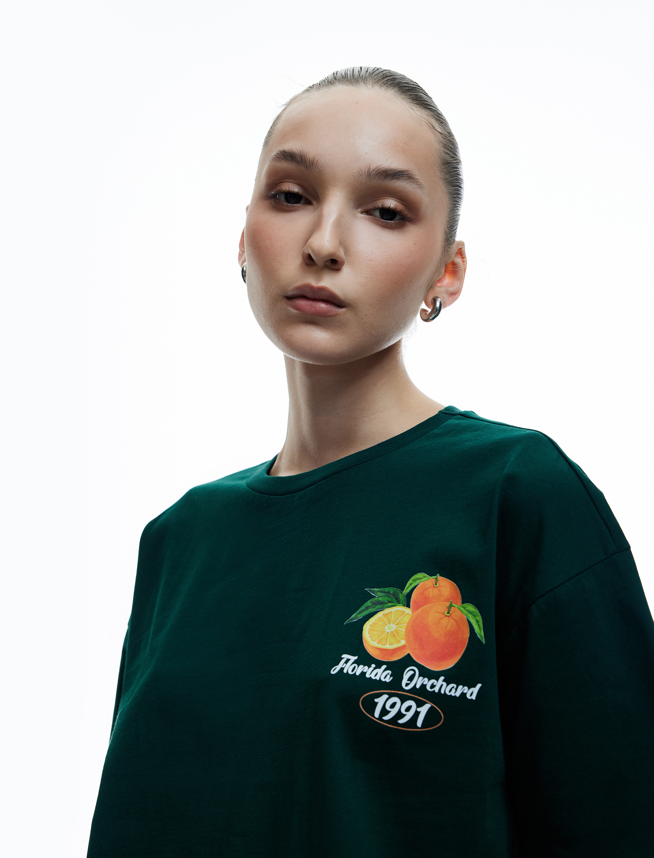   Kısa Kollu Bisiklet Yaka Portakal Baskılı Pamuklu Oversize Tişört