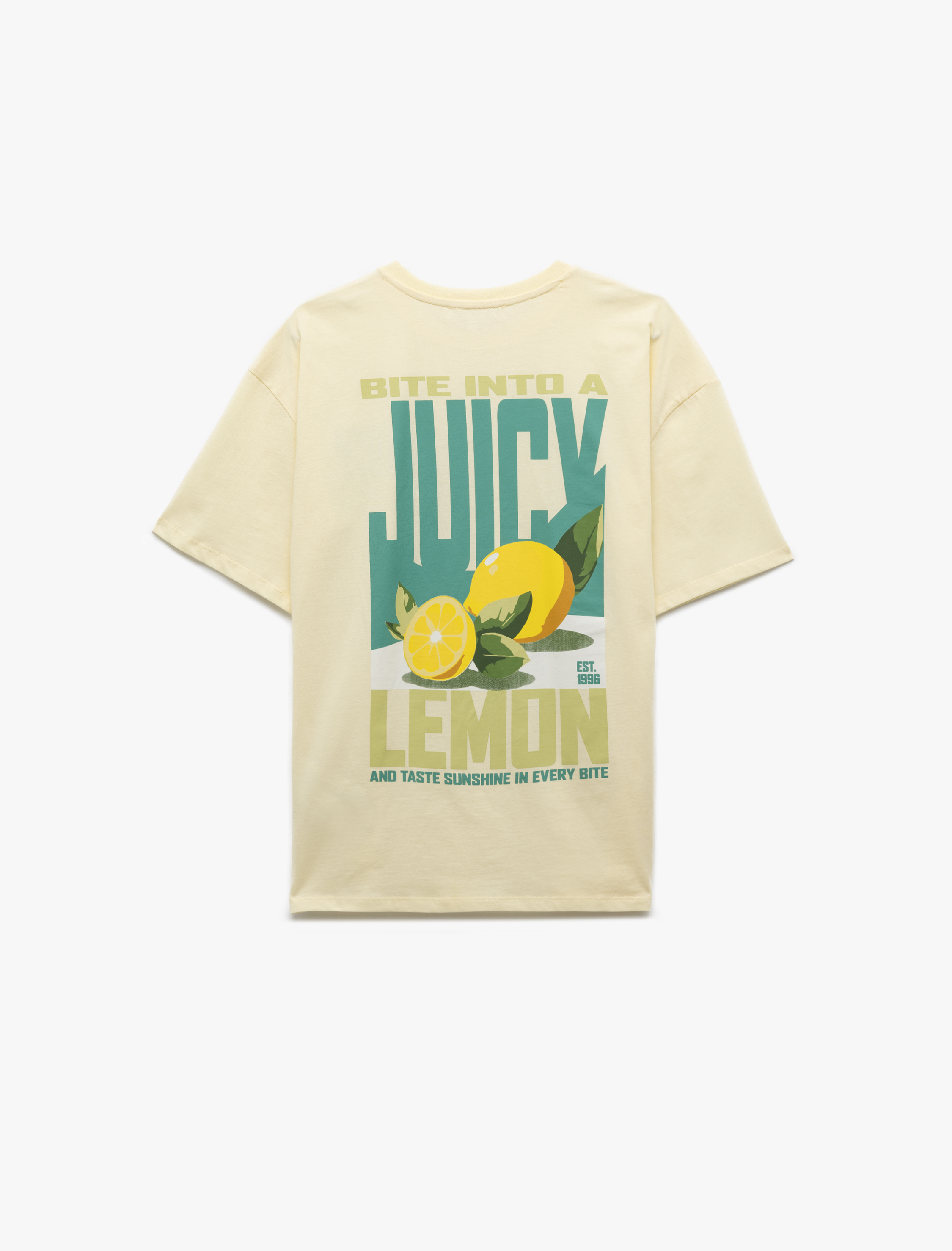   Pamuklu Kısa Kollu Bisiklet Yaka Arkası Meyve ve Limon Baskılı Tişört