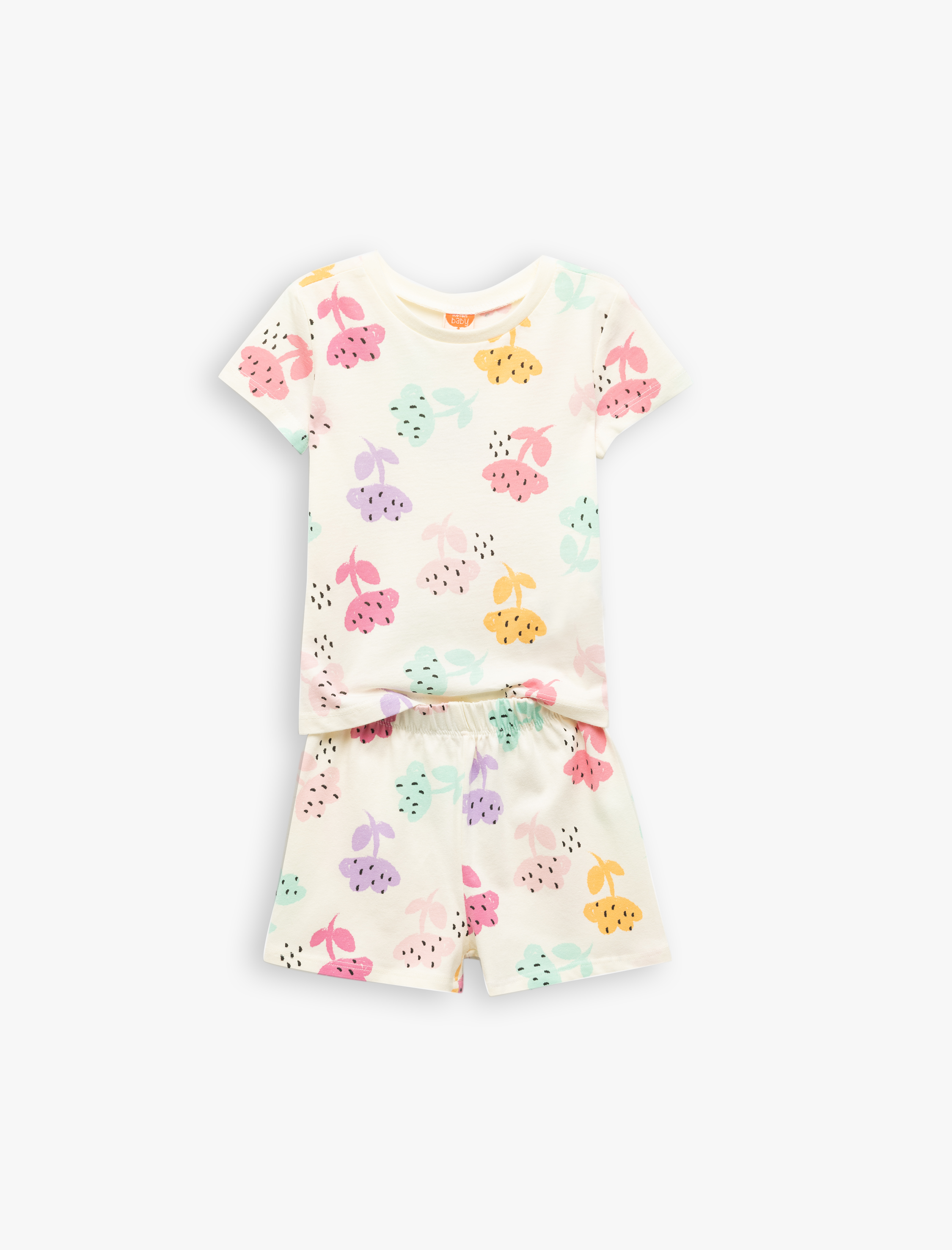  Kız Bebek Pamuklu Baskılı Kısa Kollu Bisiklet Yaka 2'li Tişört ve Şort Seti