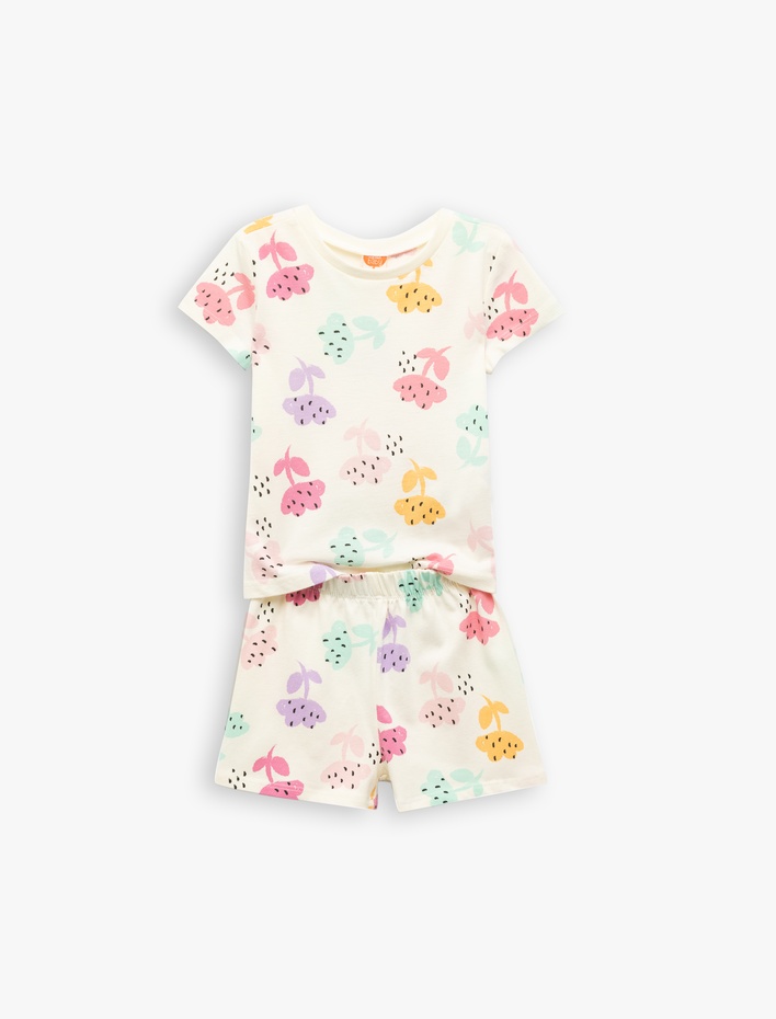 Kız Bebek Pamuklu Baskılı Kısa Kollu Bisiklet Yaka 2'li Tişört ve Şort Seti