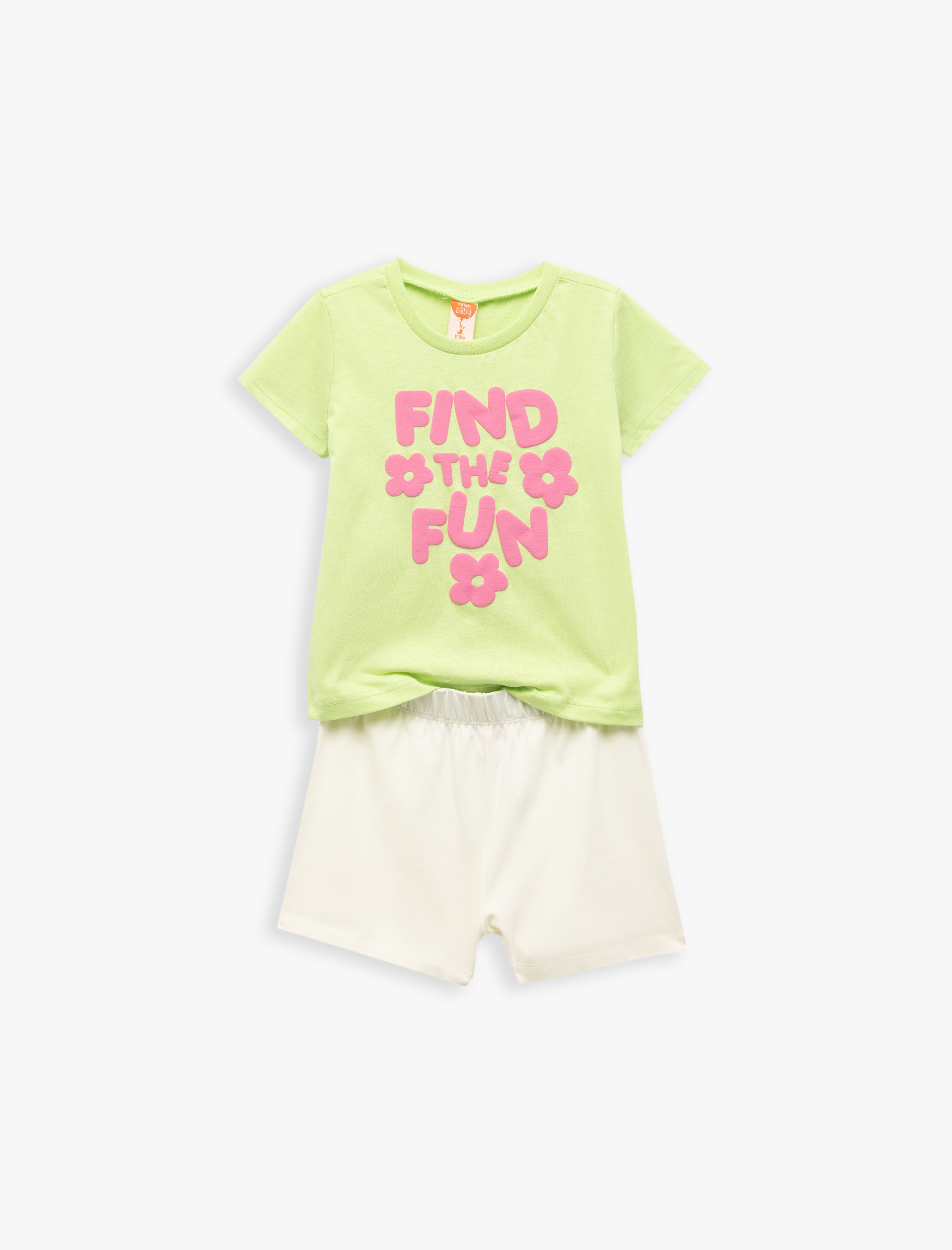  Kız Bebek Pamuklu Baskılı Kısa Kollu Bisiklet Yaka 2'li Tişört ve Şort Seti