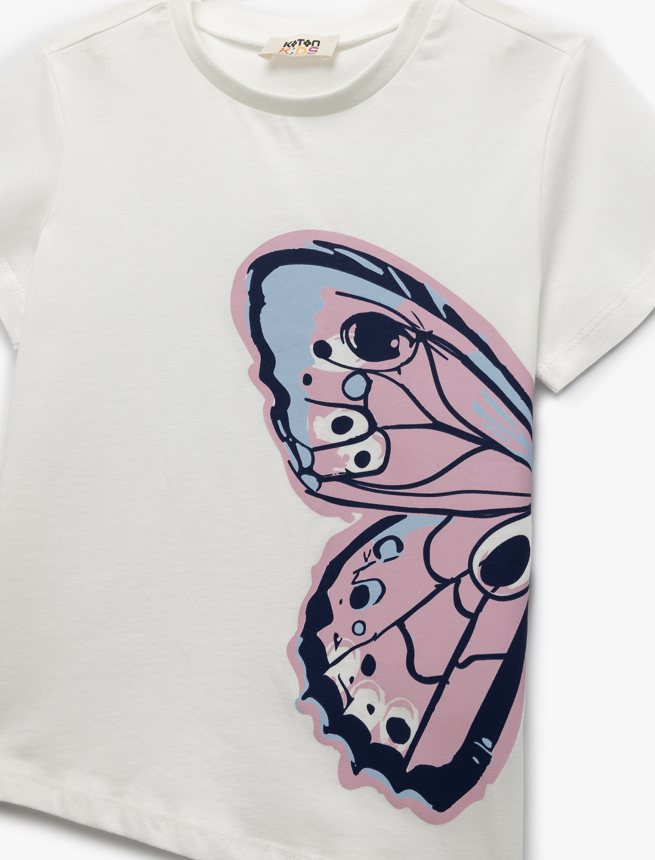  Kız Çocuk Kelebek Baskılı Bisiklet Yaka Kısa Kollu Pamuklu Tişört